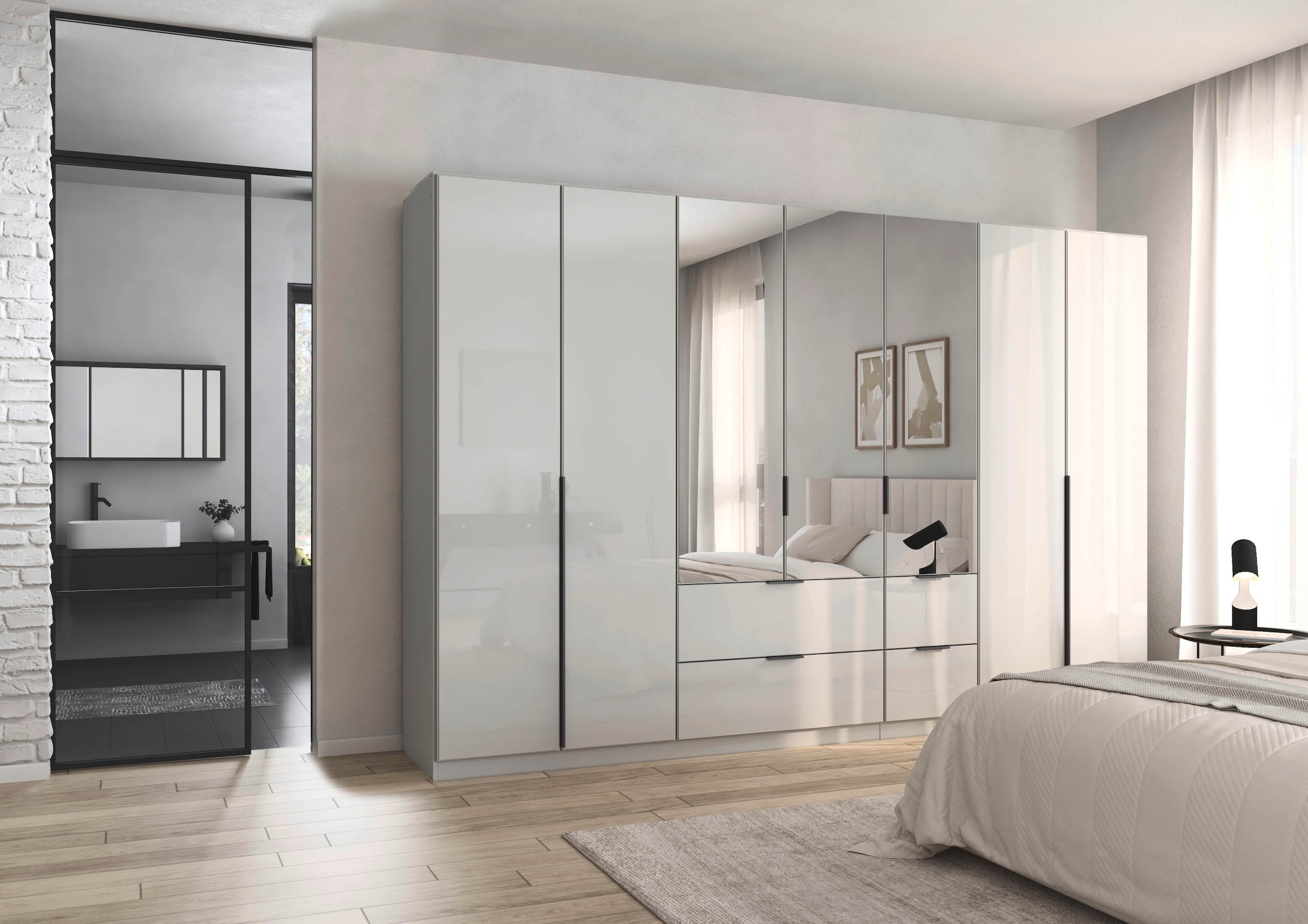 rauch Drehtürenschrank »Kleiderschrank Kleiderschränke Schrank Garderobe AGORDO mit Glasfront«, (in zwei Griff-Farben mit Glasfront), mit Außenschubkästen, in 6 Breiten und 2 Höhen MADE IN GERMANY