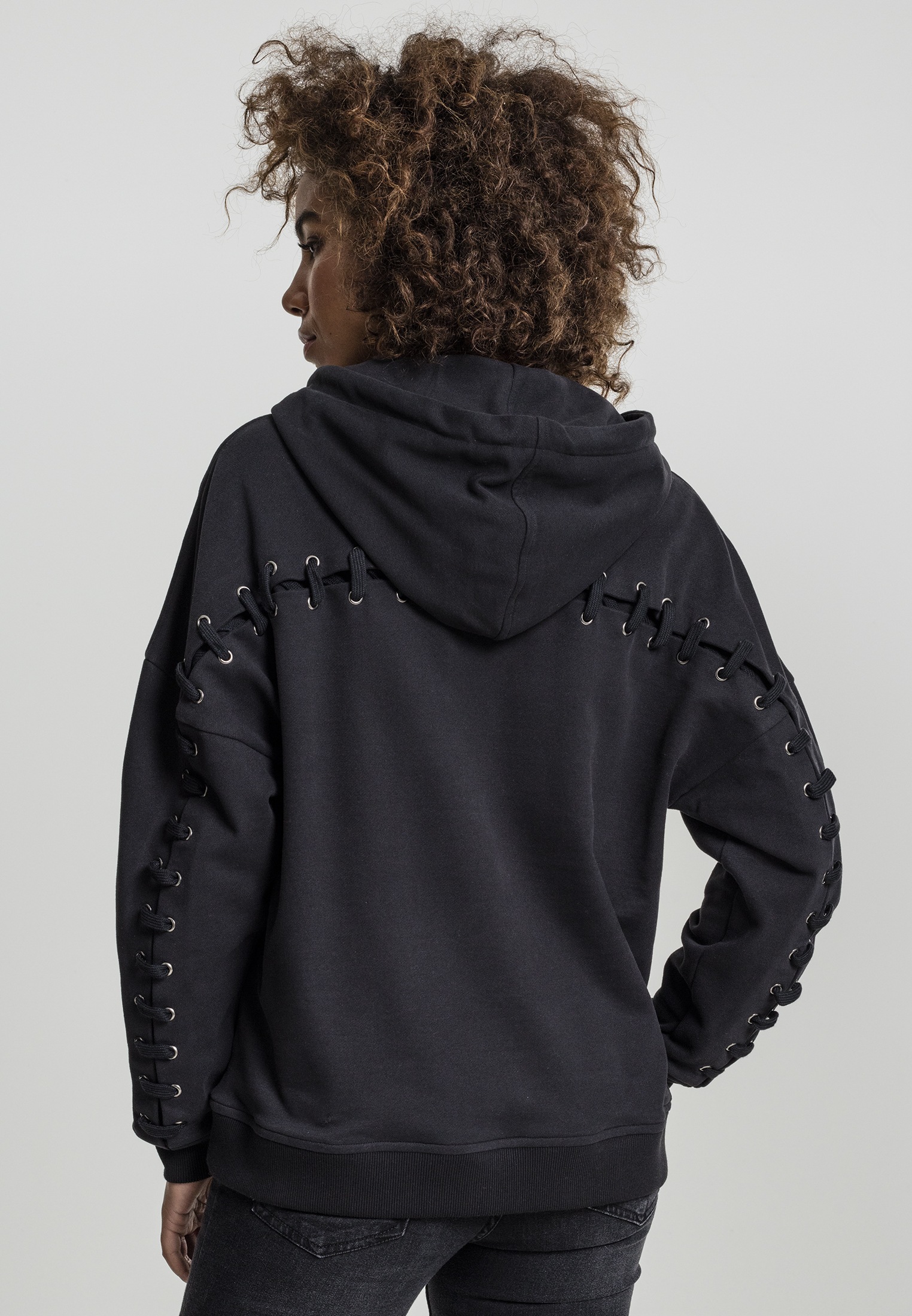 URBAN CLASSICS Rundhalspullover »Urban Classics Damen Ladies Laced-Up Hoody«, (1 tlg.)
