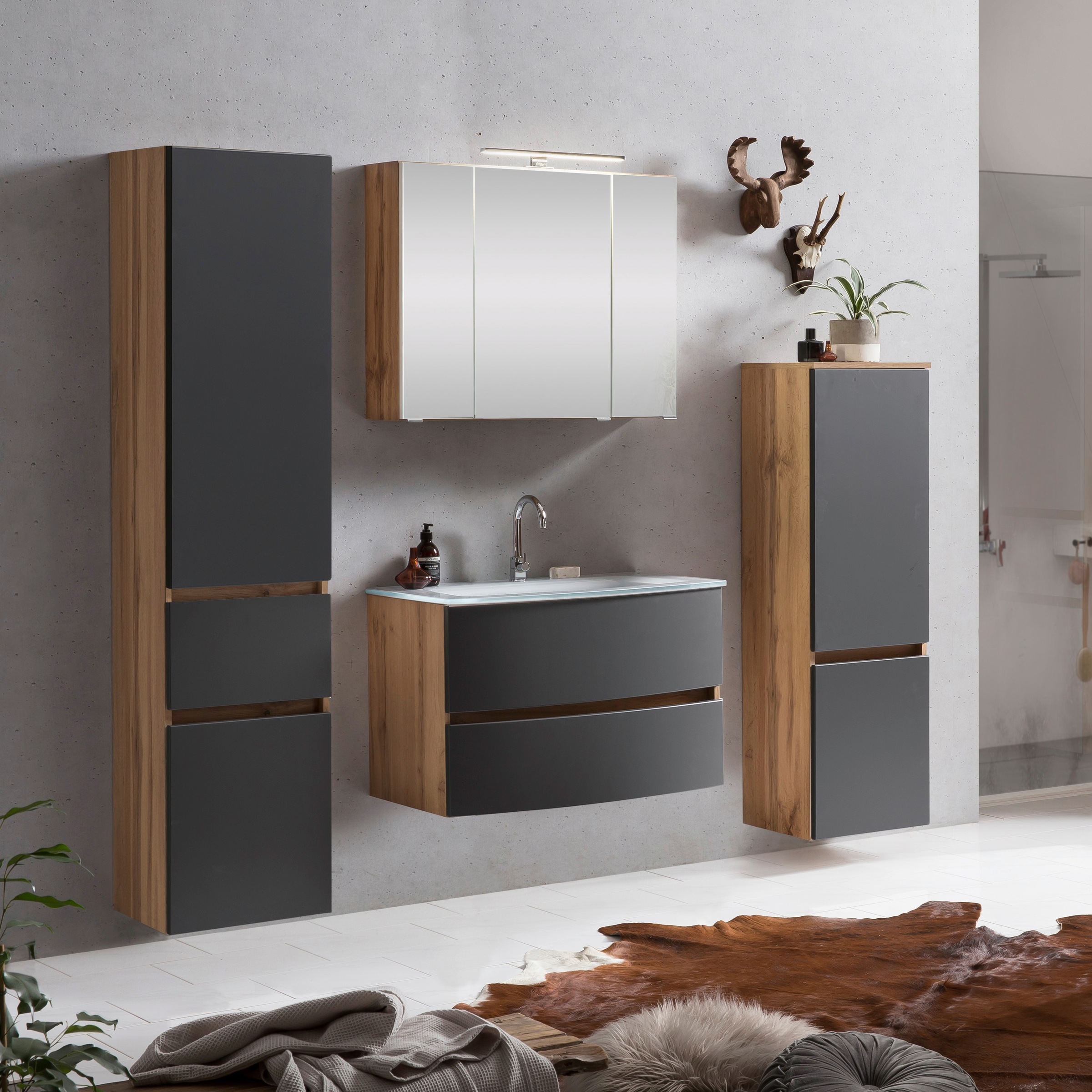 welltime Badezimmer-Set »Kaunas«, (Set, 4 St.), Waschtisch-Set mit Midischrank und Seitenschrank, Breite 160 cm