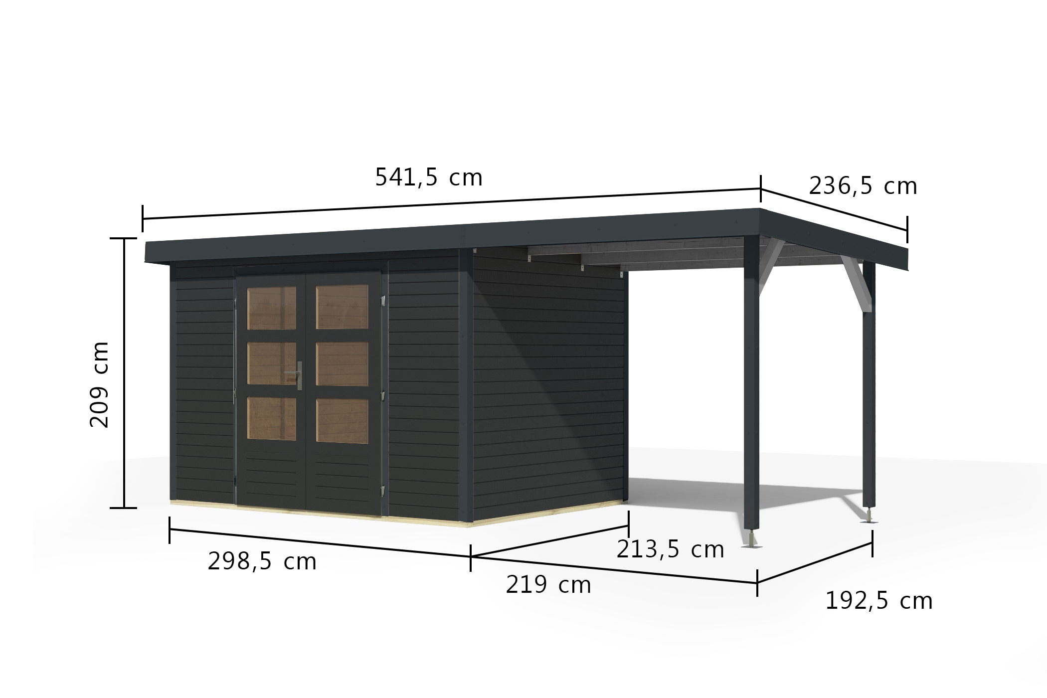 Karibu Gartenhaus »"Jupiter 4 C" SET anthrazit, mit Anbaudach 2,35 m breit«, hochwertige Materialien: nordische Fichte, Stahlecken, Trapezblechdach