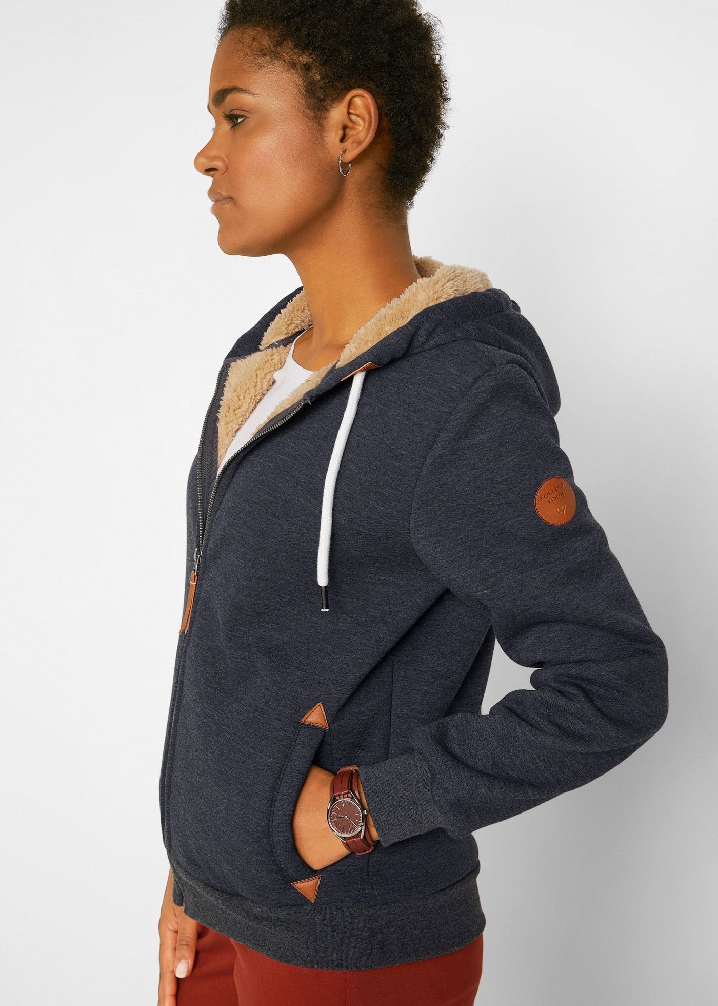 bonprix Kapuzensweatjacke mit Kapuze, mit Teddyfutter, mit Reißverschluss, lockere Passform