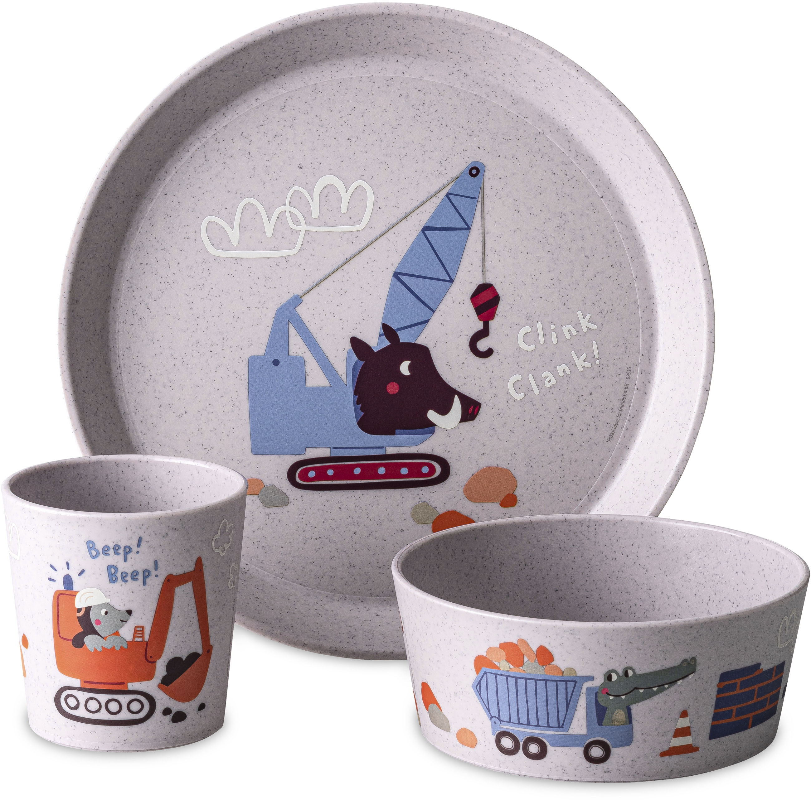 KOZIOL Kindergeschirr-Set "Kleiner Teller + Schale + Becher CONNECT TRUCKS" 100% melaminfrei & recycelbar, CO² neutral in Deutschland produziert