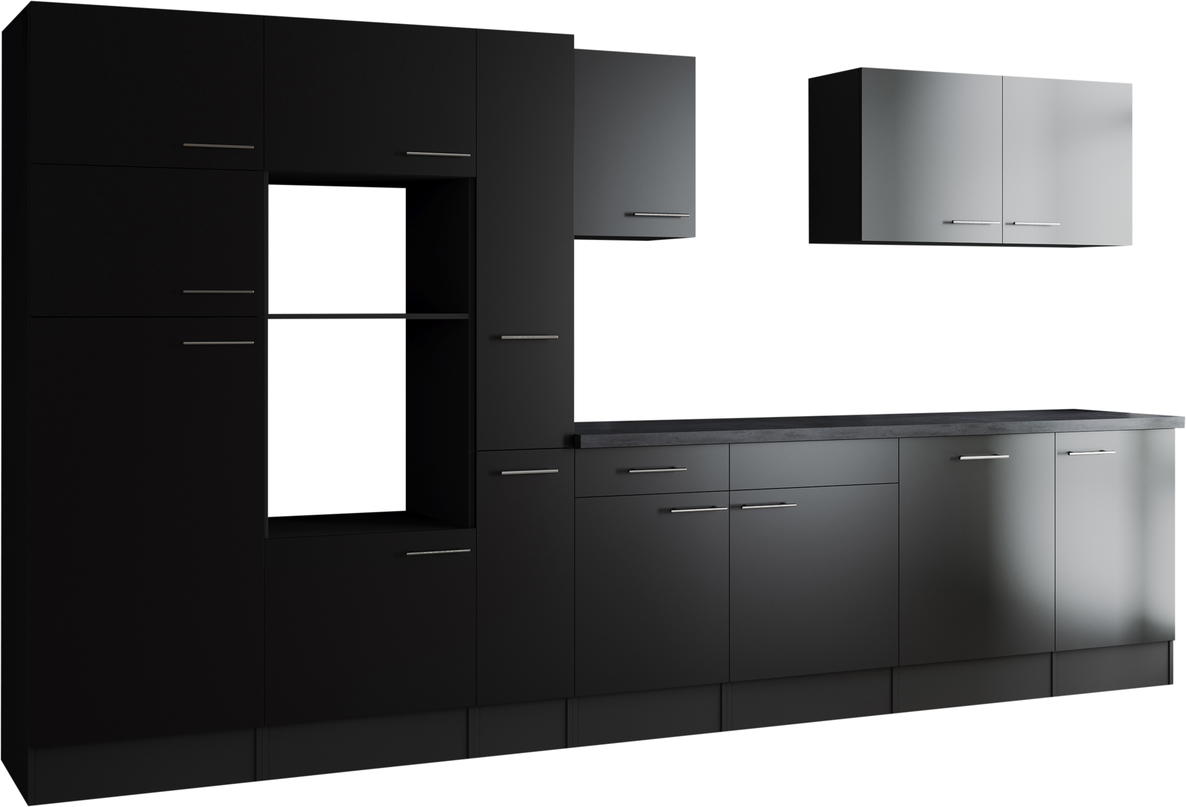 Küchenzeile RESPEKTA, B:370cm H:205cm T:60cmküche: schwarz, front: schwarz, korpus: grau matt, arbeitsplatte: granit optik, Komplettküchen-Sets,