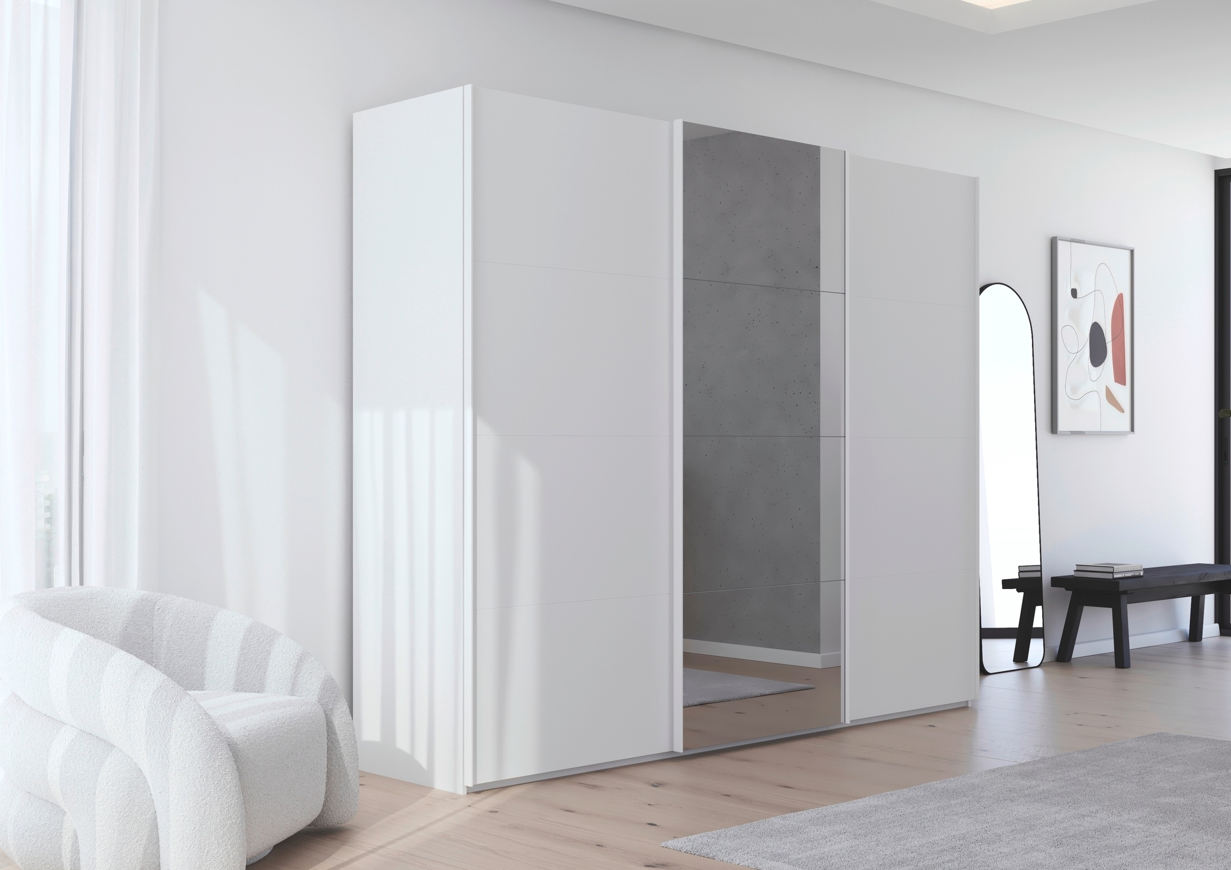 rauch Schwebetürenschrank »Kleiderschrank Schrank Garderobe Schlafzimmerschrank SCALE-FYRA«, edle viergeteilte Türen mit Spiegel und vielen Farben MADE IN GERMANY