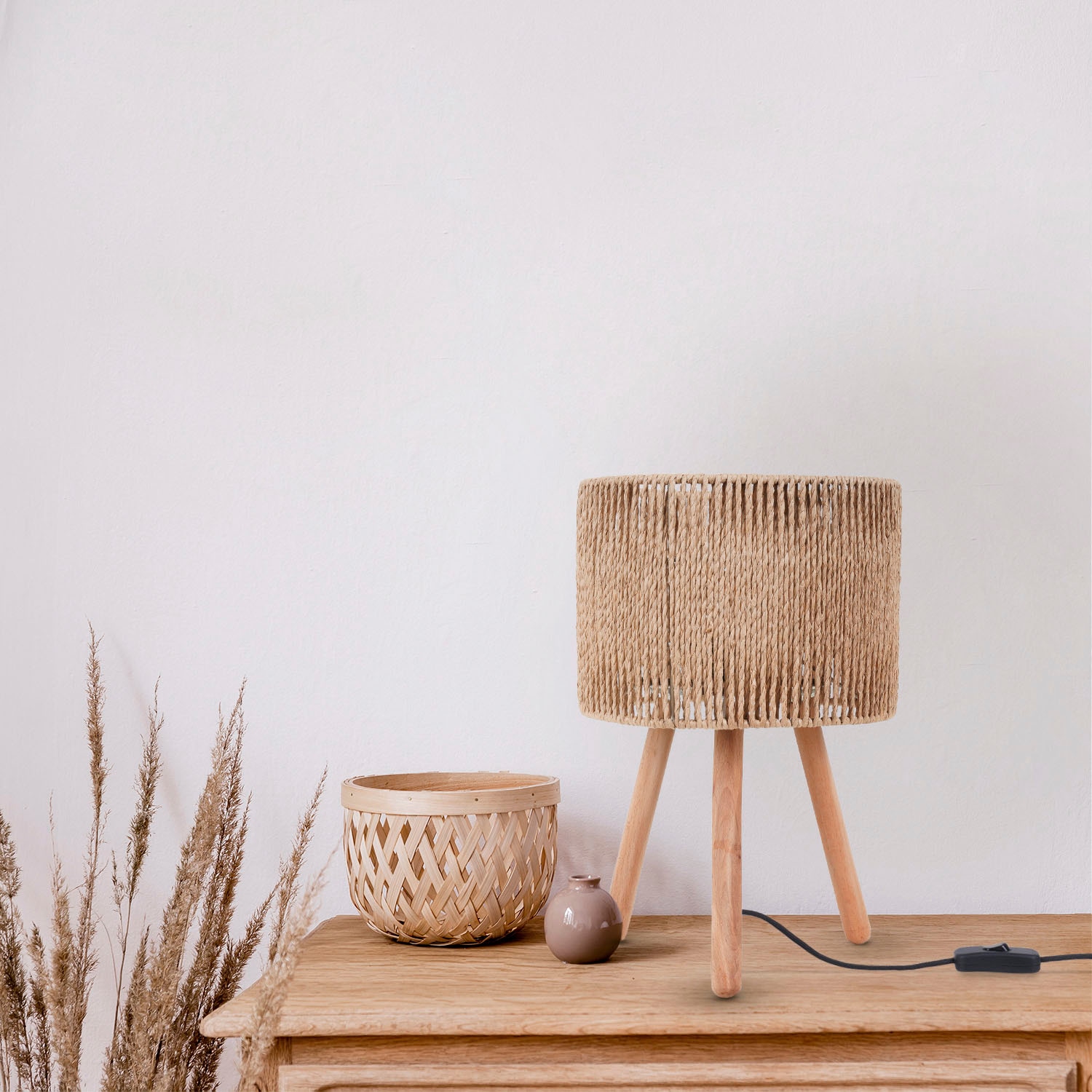 Paco Home Tischleuchte »PITA« E27 Nacht Schreib Lampenschirm Boho Holz Stativ E27