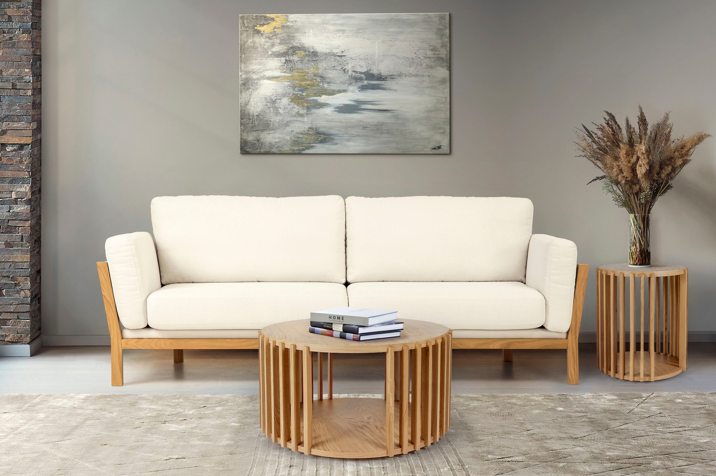 Woodman Couchtisch »Drum, Breite/Tiefe/Höhe: 83/83/42 cm«, Holzfurnier aus Eiche, Sproßen aus massiver Eiche