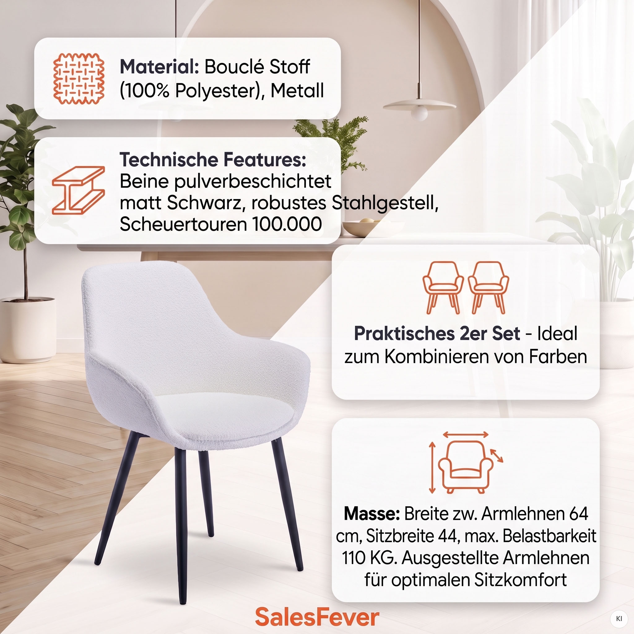 SalesFever Armlehnstuhl »Esszimmerstuhl mit elegantem Komfort« (Set) 2 Stk.moderner Bouclé-Bezug