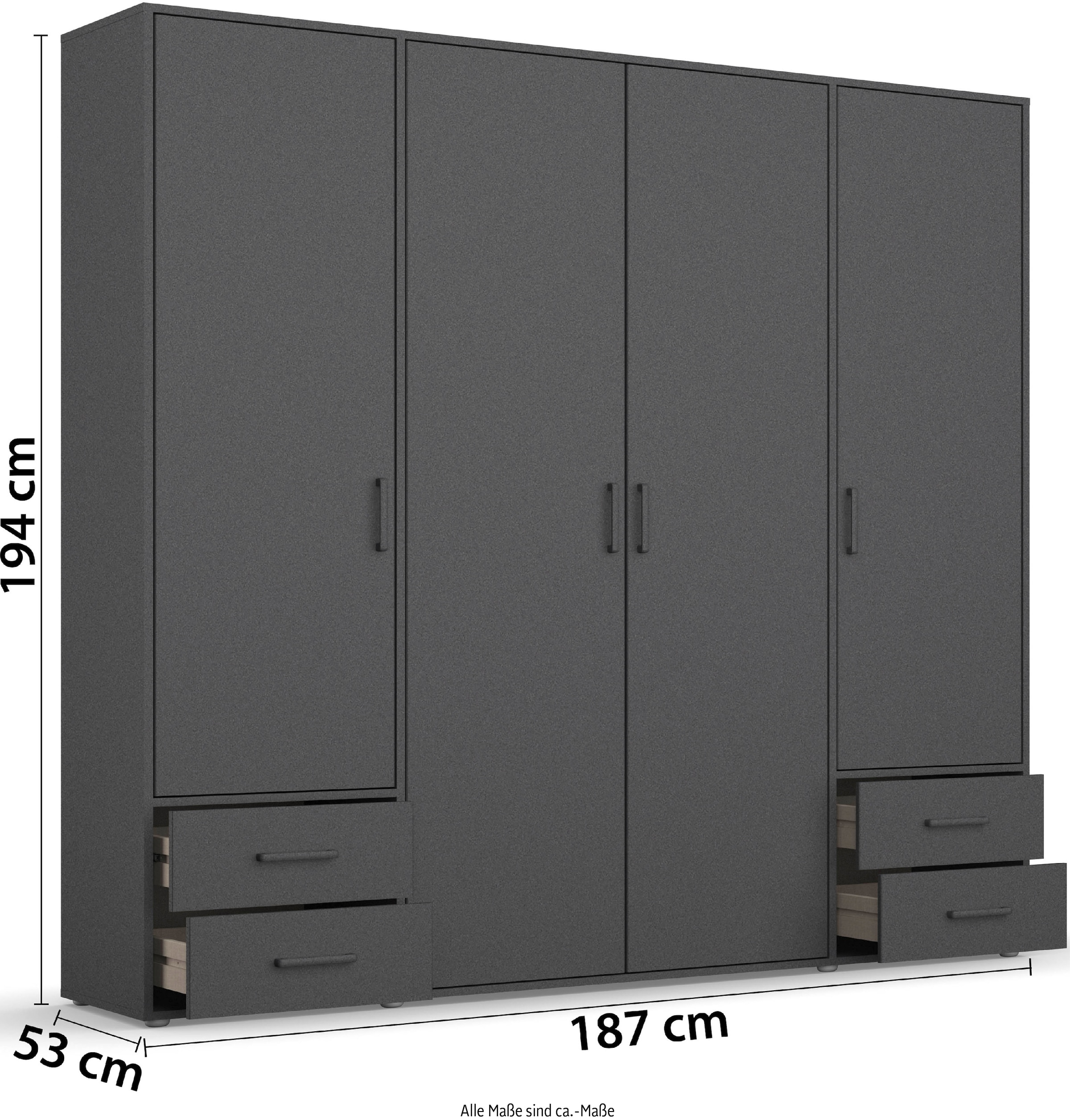 rauch Drehtürenschrank »Kleiderschrank Schrank Garderobe Wäscheschrank VOYAGER«, (in 3 verschiedenen Ausstattungen BASIC/CLASSIC/PREMIUM), moderne Griffe in Graumetallic mit Außenschubkästen MADE IN GERMANY