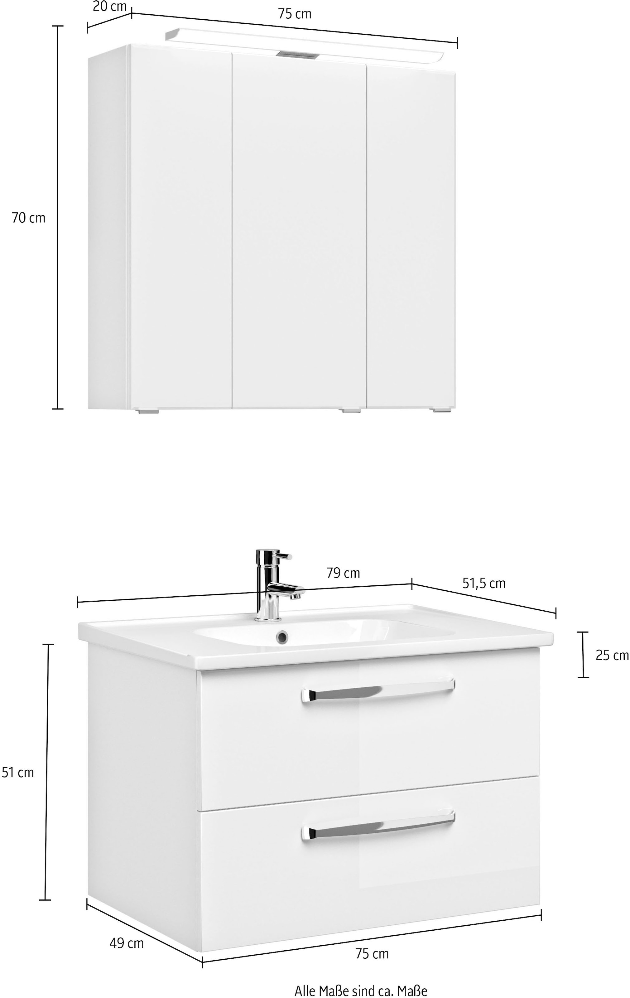 Saphir Badmöbel-Set »Trentino 2-teilig Keramik-Waschtisch, Spiegelschrank mit LED-Leuchte«, (3 St.), Badmöbel-Set 79cm breit, inkl. Türdämpfer, 3 Türen, 2 Auszügen