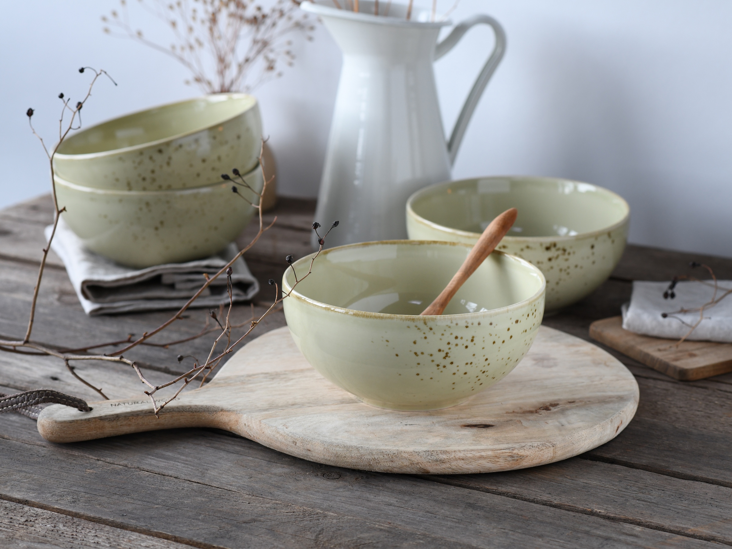 CreaTable Schale »Nature Collection, Buddha Bowl 4-tlg«, 4 tlg., aus Steinzeug, Handwerklicher Look, Vintage, Höhe 7,5 cm