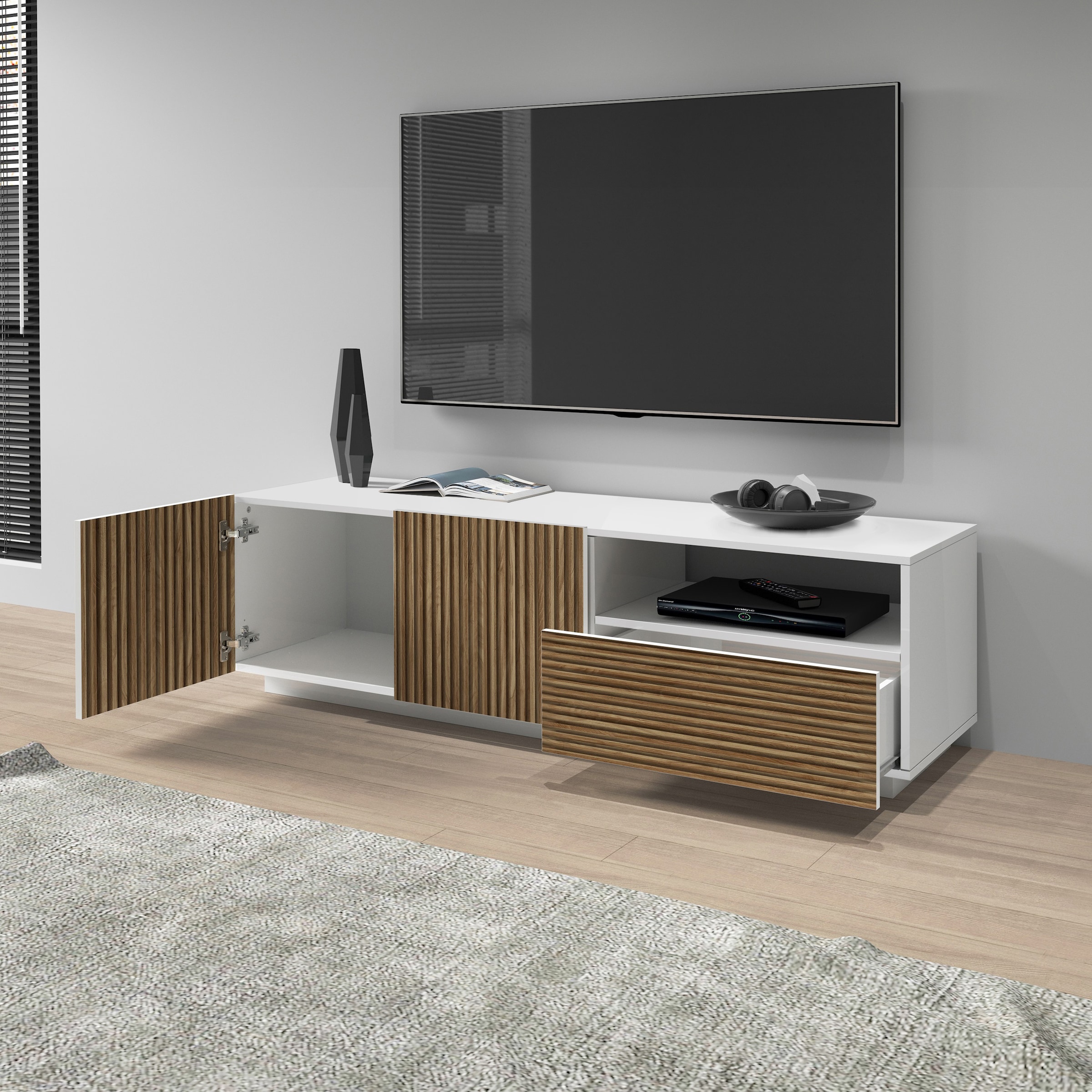 INOSIGN Lowboard »Vega,Lowboard,TV Board,TV Schrank,150 cm«, mit 2 Türen und 1 Schublade,Fronten mit Rillen-Optik