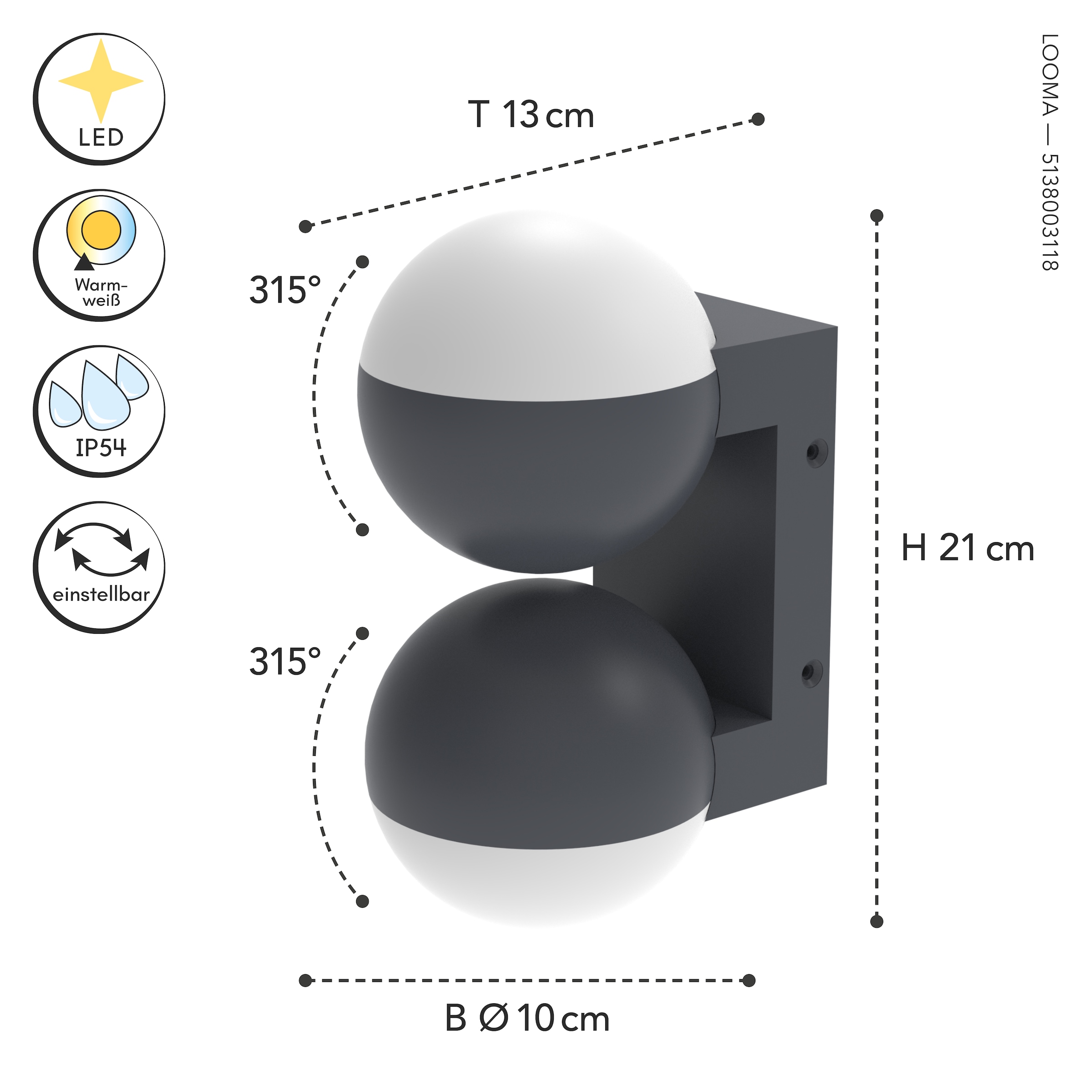 LUTEC LED Außen-Wandleuchte »LED-Aussenwandleuchte LOOMA«, 1 flammig, Leuchtmittel LED-Board | LED fest integriert, drehbare Köpfe