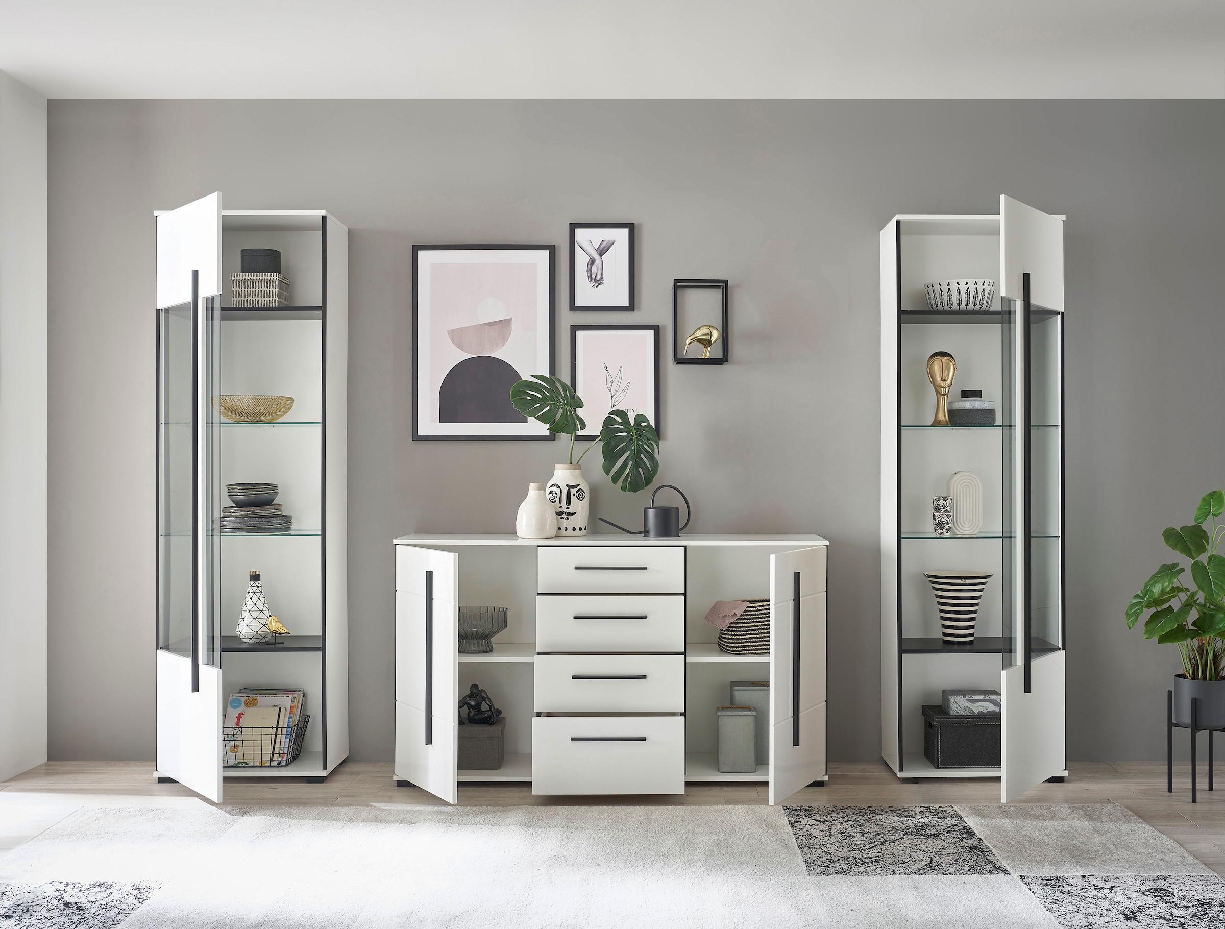 INOSIGN Wohnwand »Cantara, moderne Anbauwand, Wohnzimmer-Set, in Eiche Evoke oder Weiß«, (Set), enthält zwei Vitrinen und ein Sideboard