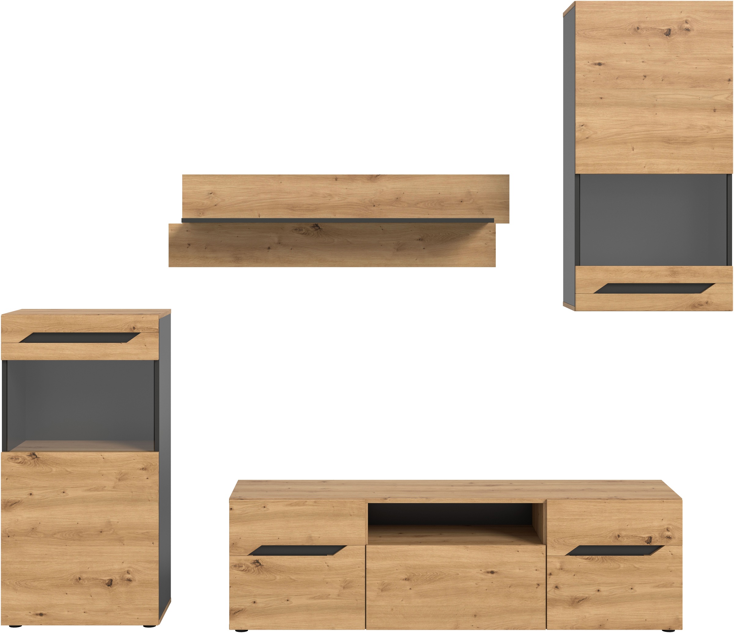 INOSIGN Wohnwand »SERTA, 4-teilig, best. aus: 2x Vitrine, 1x Lowboad & 1x Wandboard«, Anbauwand, Set, Möbelset, TV-Wand, Wohnzimmerset, Schrankwand