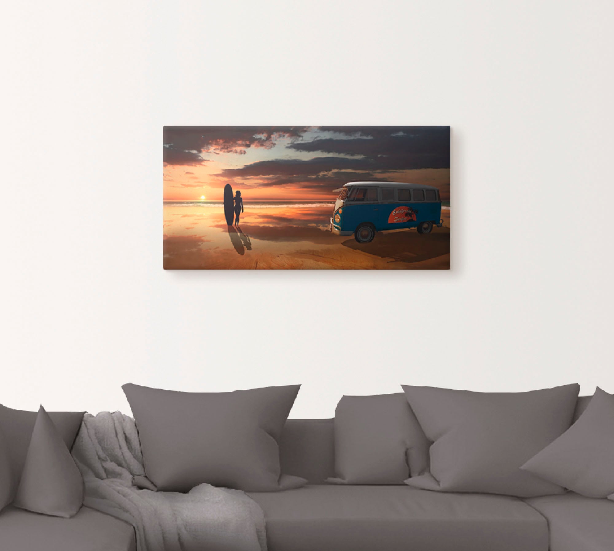 Artland Wandbild »Surfen in Kalifornien mit Bulli T1«, Küste, (1 St.), als Alubild, Outdoorbild, Leinwandbild, Poster, Wandaufkleber