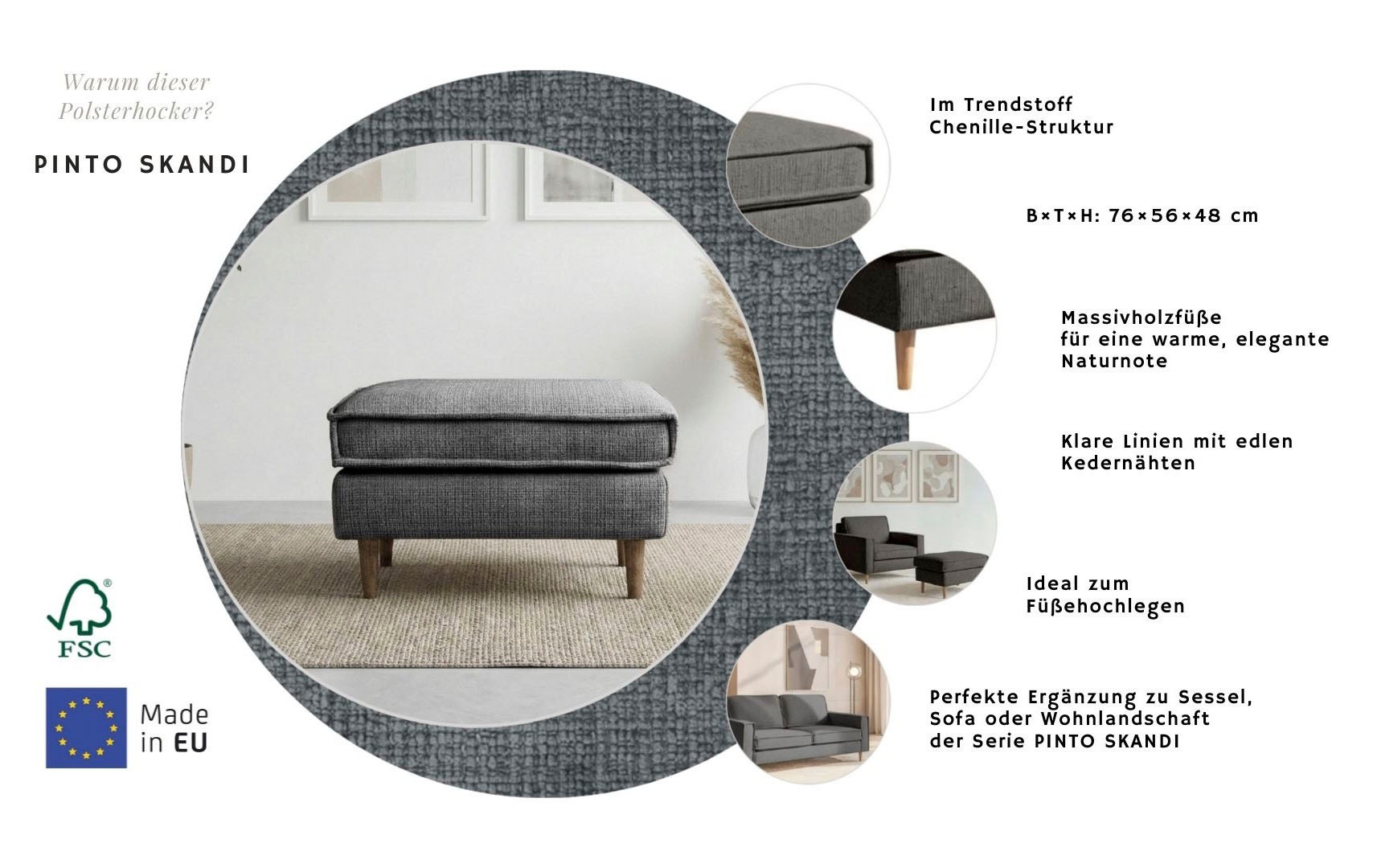 Thumbnail - Home affaire Polsterhocker "Pinto Skandi" mit Keder, Massivholzfüße Eiche geräuchert