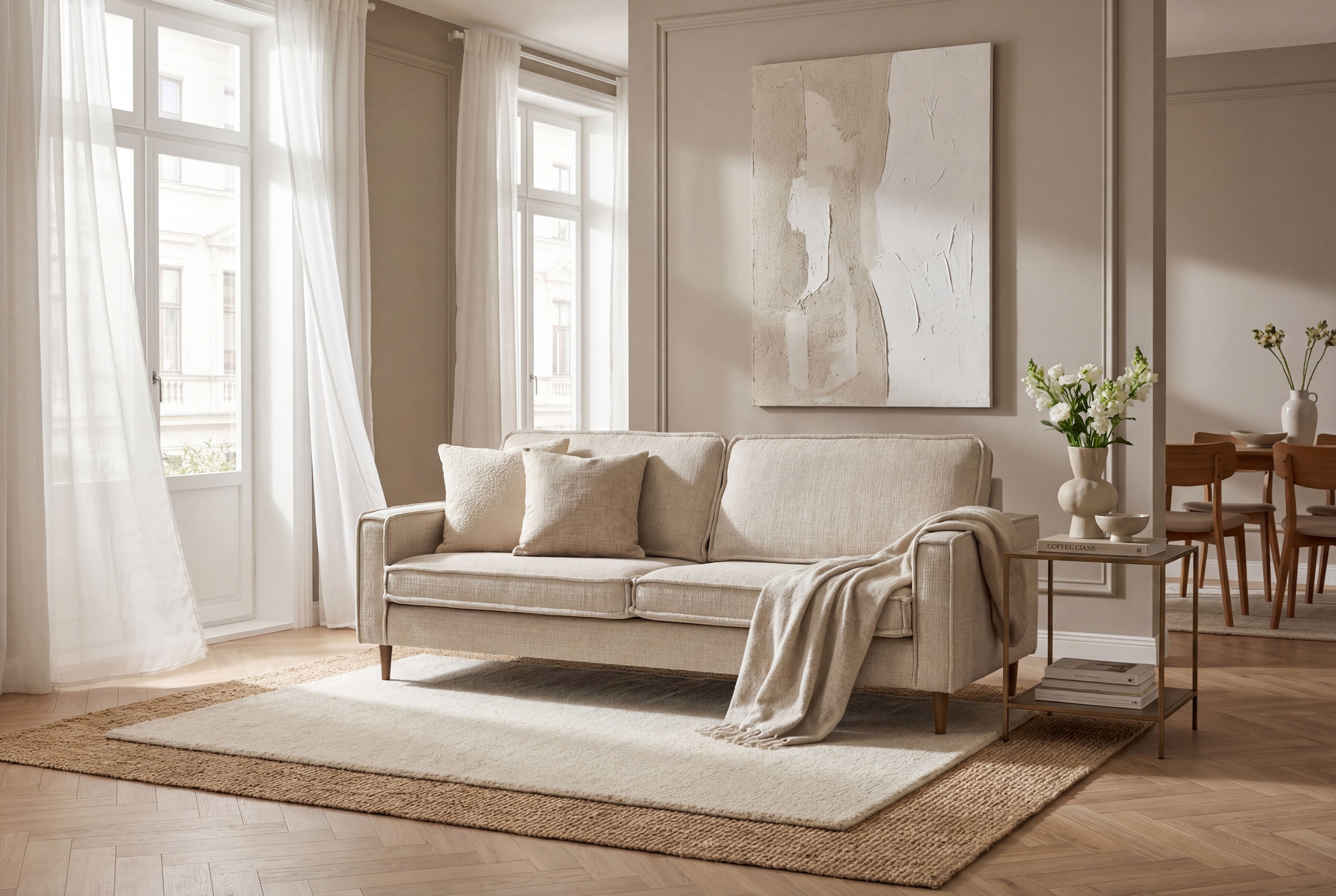 OTTO home 3-Sitzer "Pinto Skandi,Maxi-Ausführung, 236 cm, Chenille, Struktur" mit Keder, Massivholzfüße Eiche geräuchert, Wellenunterfederung