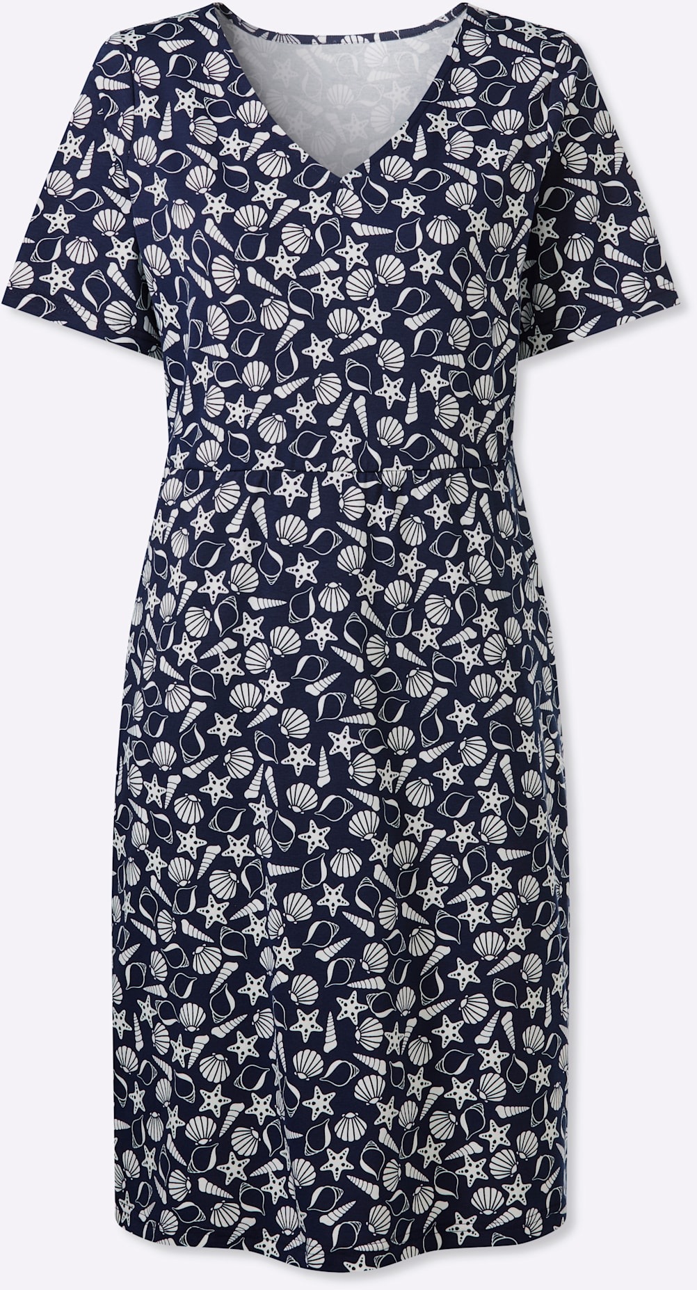 Sommerkleid CLASSIC BASICS "Kleid", Damen, Gr. 54, Normalgrößen, marine, ecru, bedruckt, 95% Baumwolle, 5% Elasthan, gemustert, mehrfarbig, knielang, V-Ausschnitt, Kleider Sommerkleid 2