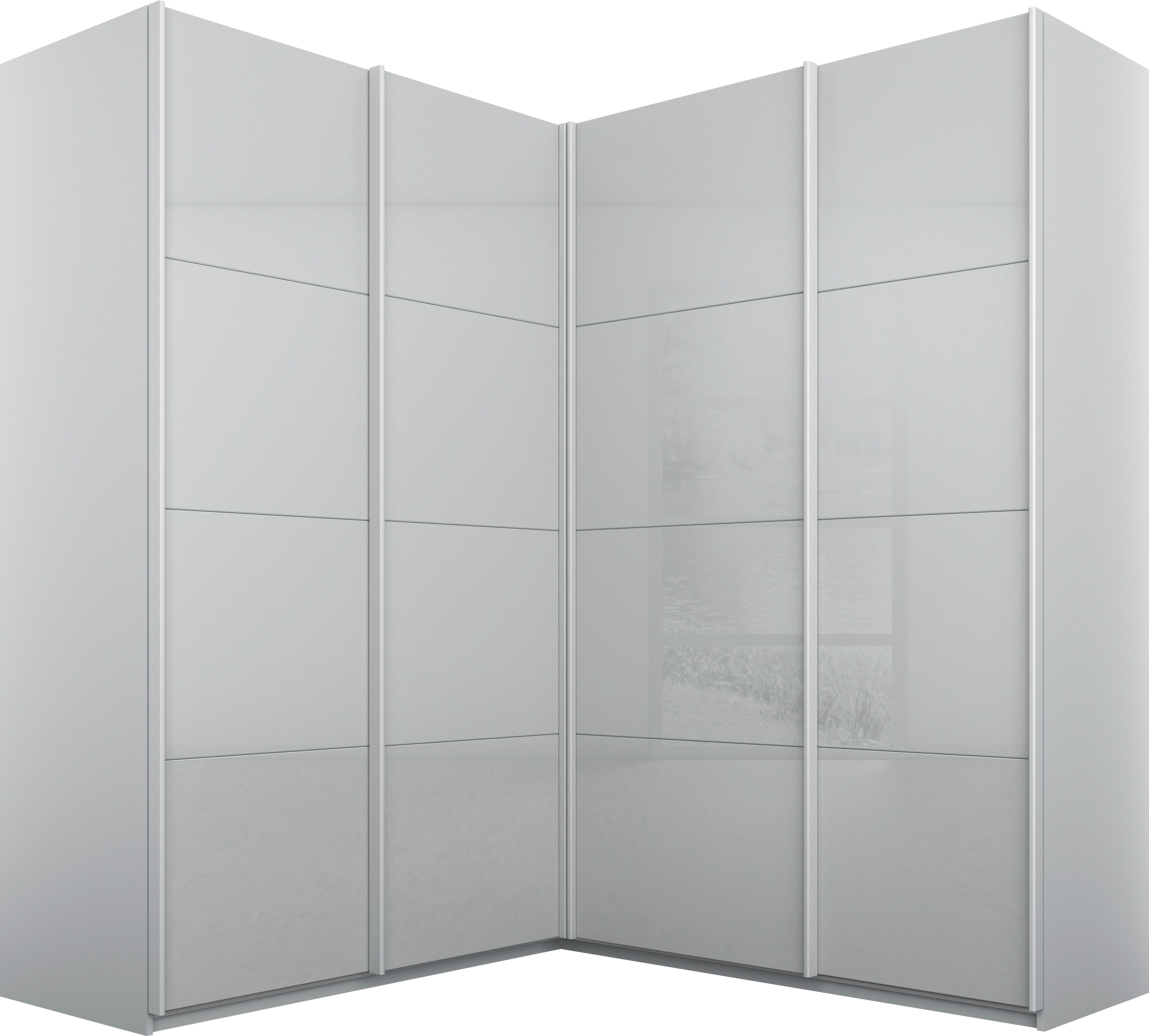 rauch Schwebetürenschrank "Kleiderschrank Garderobe Eckkleiderschrank QUADRA mit edler Glasfront" Maß 181x187 cm, Höhen 210/229 cm, inkl. Soft-Close-Funktion, extra großer Eckschrank inkl. Schubladeneinsatz MADE IN GERMANY