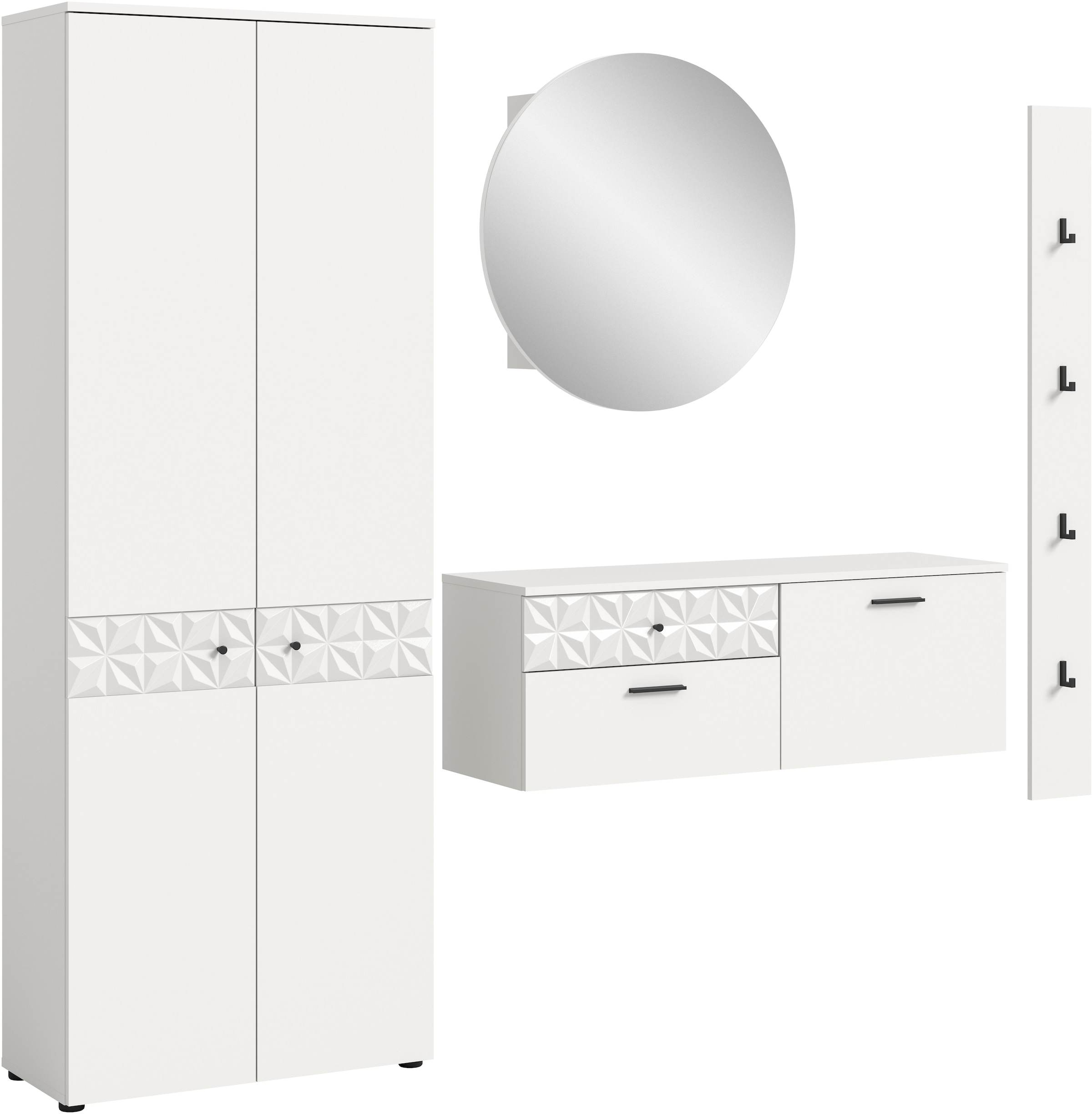 INOSIGN Garderoben-Set »VICENZA, 4-tlg., mit foraler Ornamentabsetzung in der Front«, (4 St.), best. aus.: Garderobenschrank, Schuhschrank, Spiegelschrank & Paneel