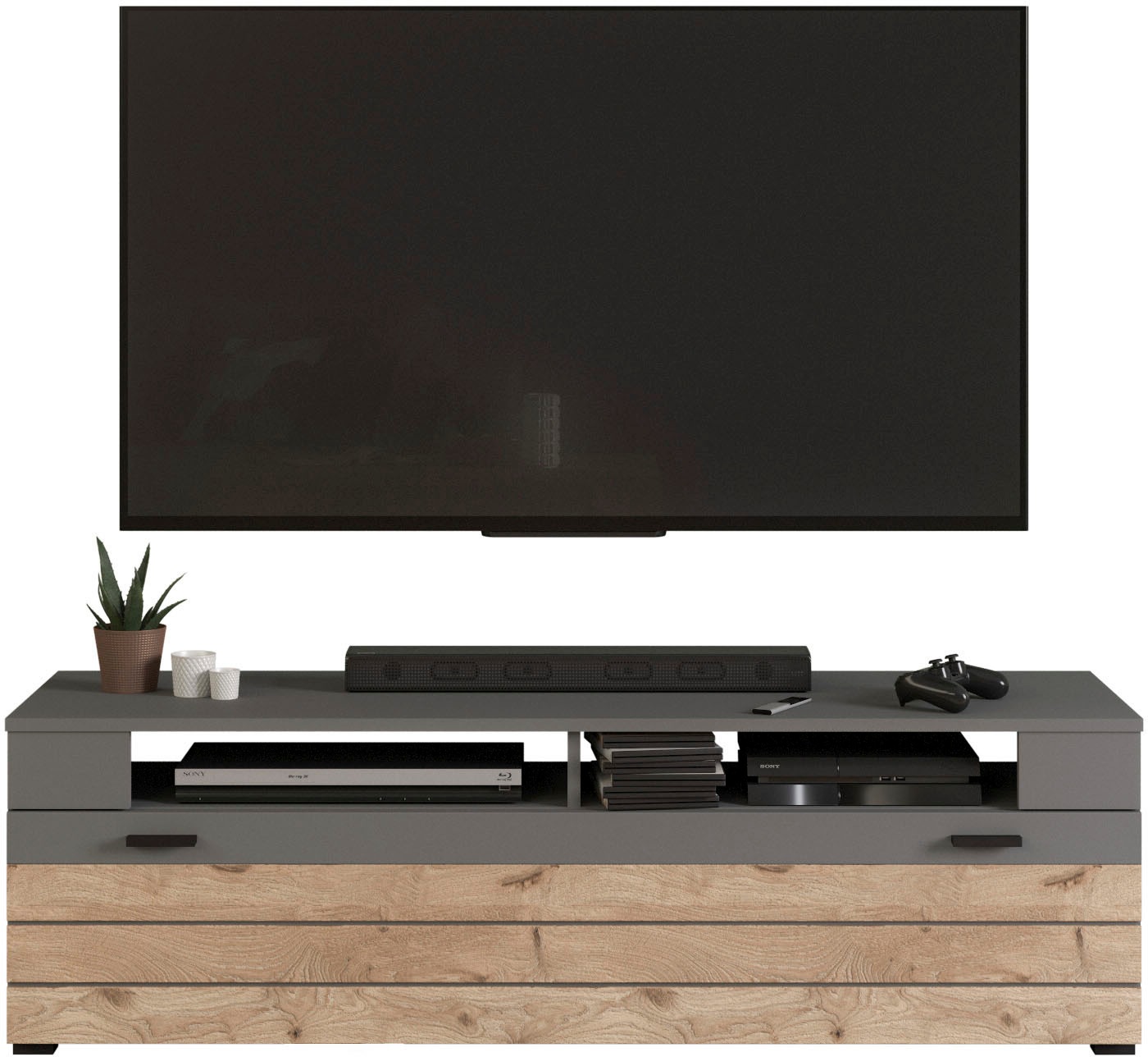 INOSIGN Lowboard »Aalborg, Breite 140 cm, 1 Klappe, 2 offene Fächer, Metallgriffe«, TV-Möbel, TV-Schrank, TV-Lowboard, Mediaboard, Wohnmöbel