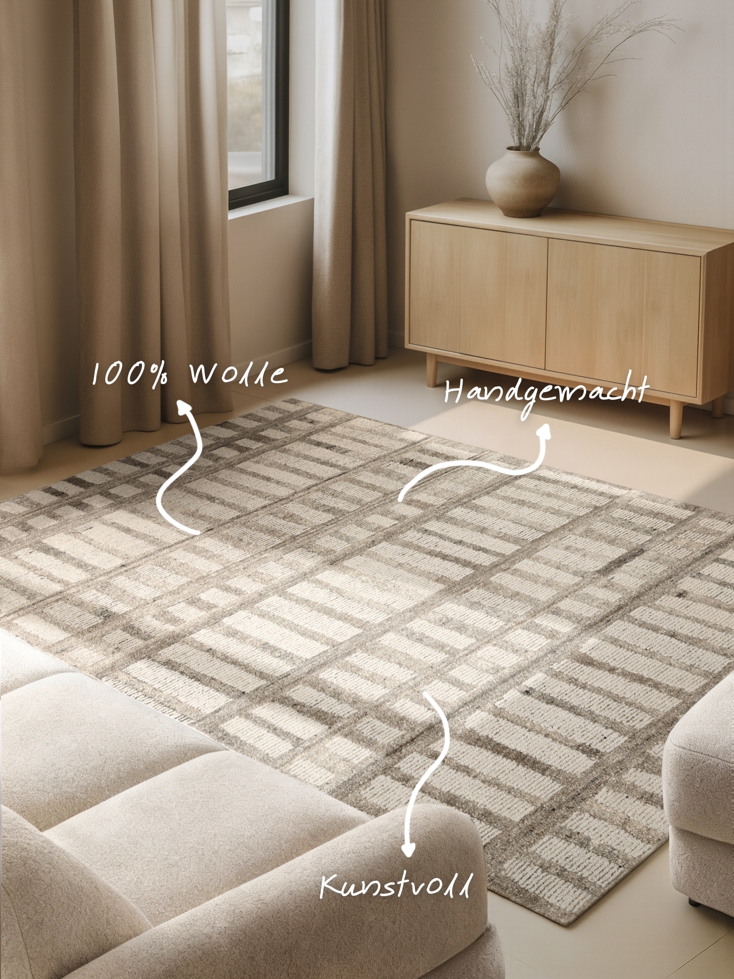 vikosa Teppich »Linara« rechteckig 15 mm Höhe Handgemacht, Grafisch, Streifen, Natur, Wolle, Wohnzimmer,Schlafzimmer