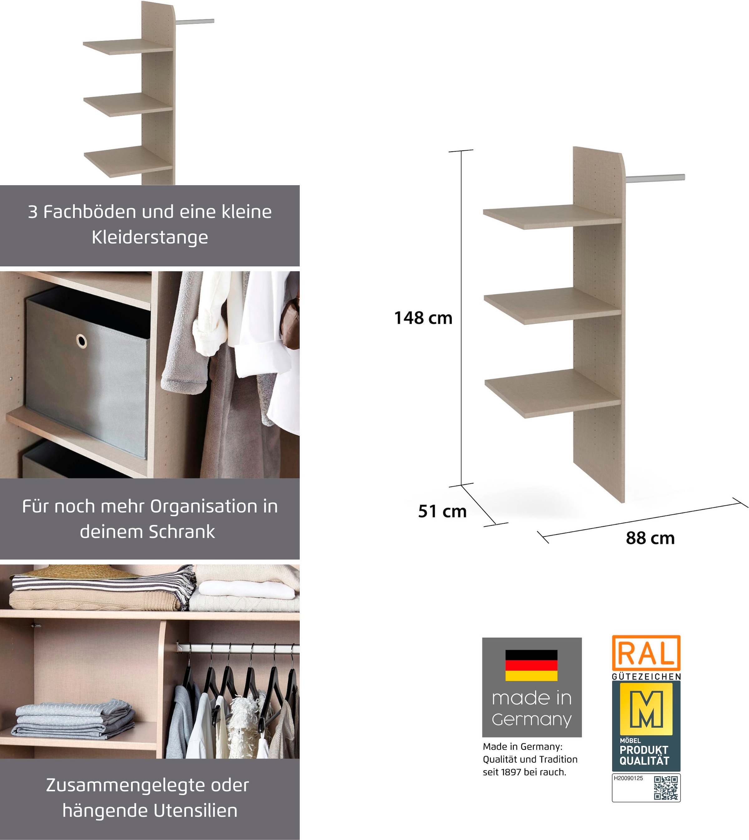 rauch Inneneinteilung »Zubehör für Rauch-Schwebetürenschränke ORANGE« Breite 88 cm, Tiefe 51 cm mit 3 Einlegeböden und 1 Kleiderstange