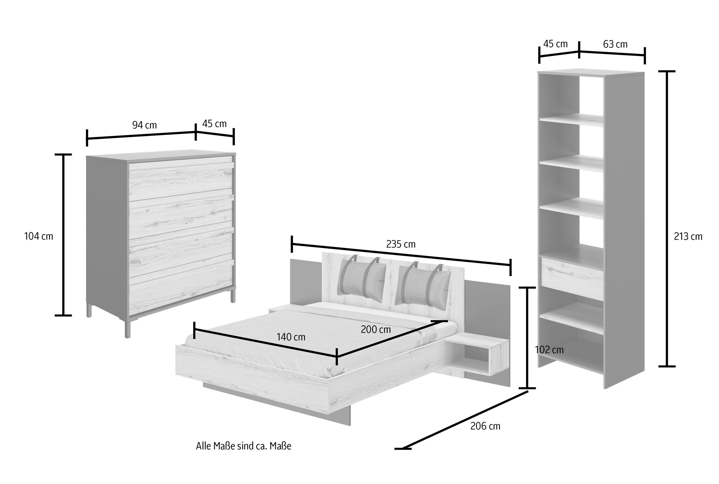 Gami Schlafzimmer-Set »Mimizan«, (6 St., Bett, 2 Kissen und inkl. 2x Nachttische, 1x Kleiderschrank, 1x Kommode)