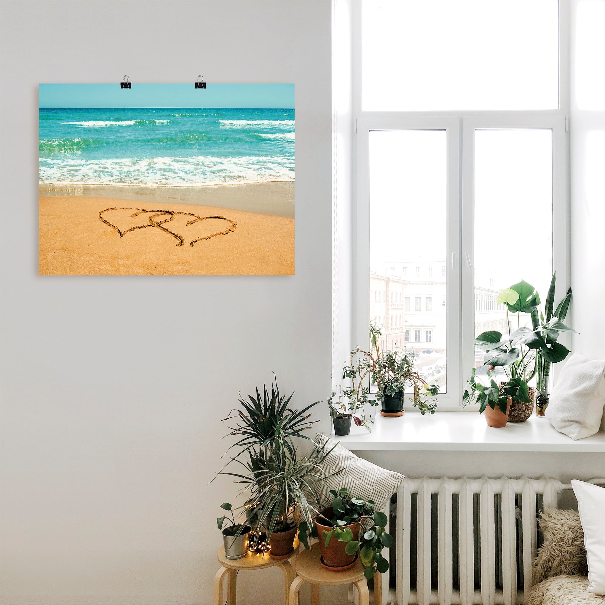 »Herzen Strand, in Wandaufkleber Wandbild Leinwandbild, St.), als | im (1 Artland Poster Sand«, Alubild, Größen BAUR oder kaufen versch.