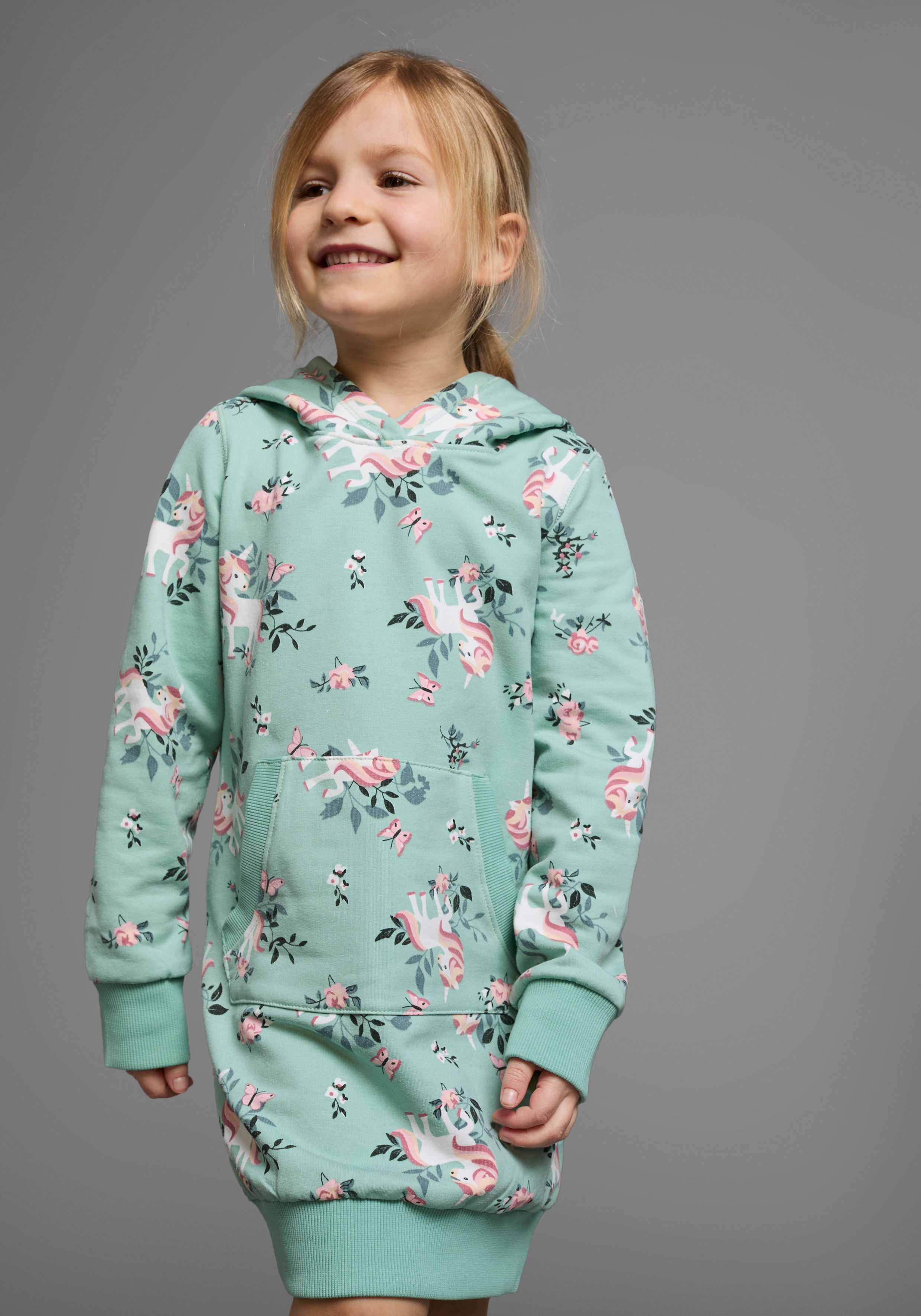 KIDSWORLD Sweatkleid "Einhorn" Kängurutasche bis Mitte des Oberschenkels, mädchenhafter Style
