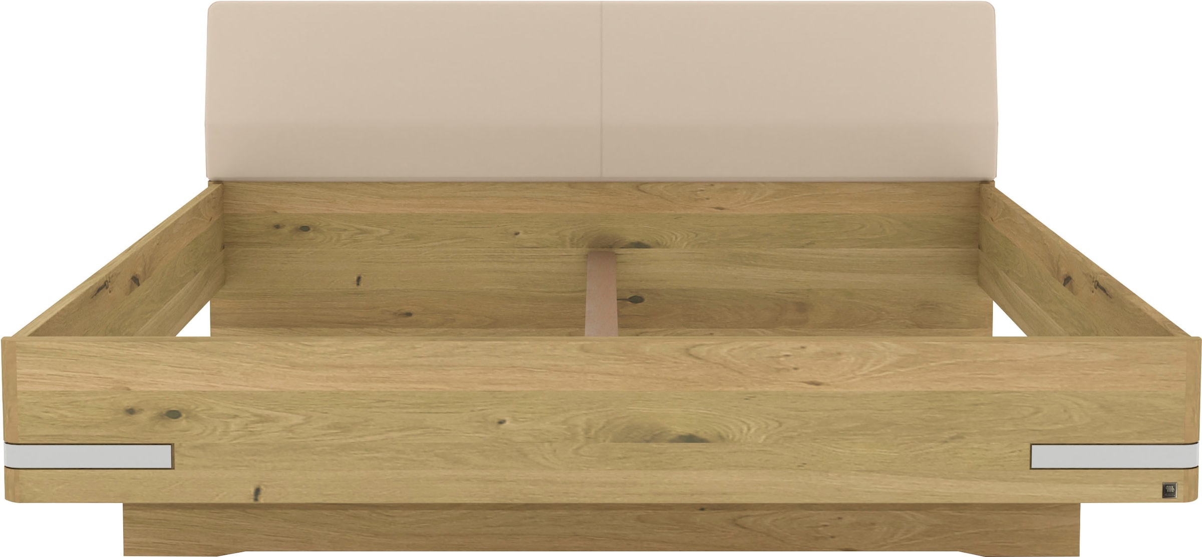 Musterring Holzbett »Savona, Bettgestell, Bettrahmen, teilmassiv Bianco-Eiche«, (Belastbarkeit 220 Kg, 4-fache Liegehöhenverstellung, MADE IN GERMANY), Kopfteil Kunstleder Champagner, Details in Chrom, verschiedene Größen