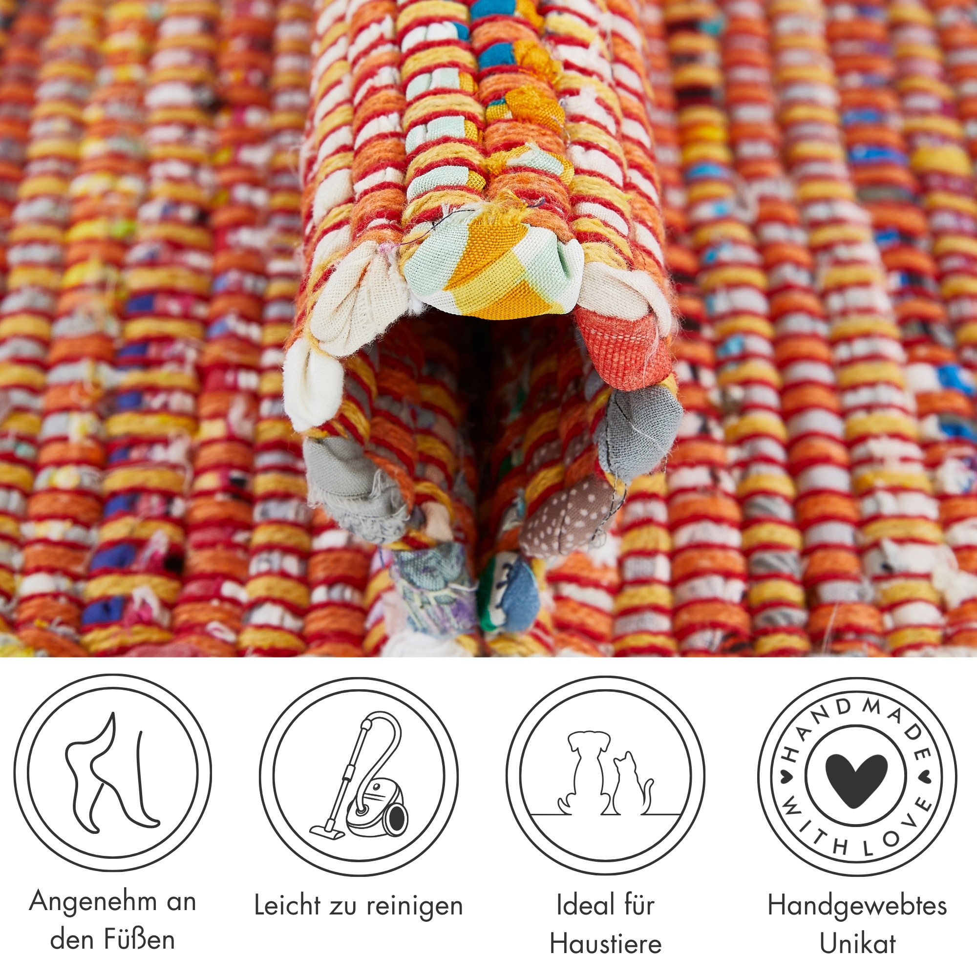 Thumbnail - Andiamo Teppich "Frida" rechteckig 8 mm Höhe Handweb Teppich, Fleckerl, reine Baumwolle, handgewebt, mit Fransen