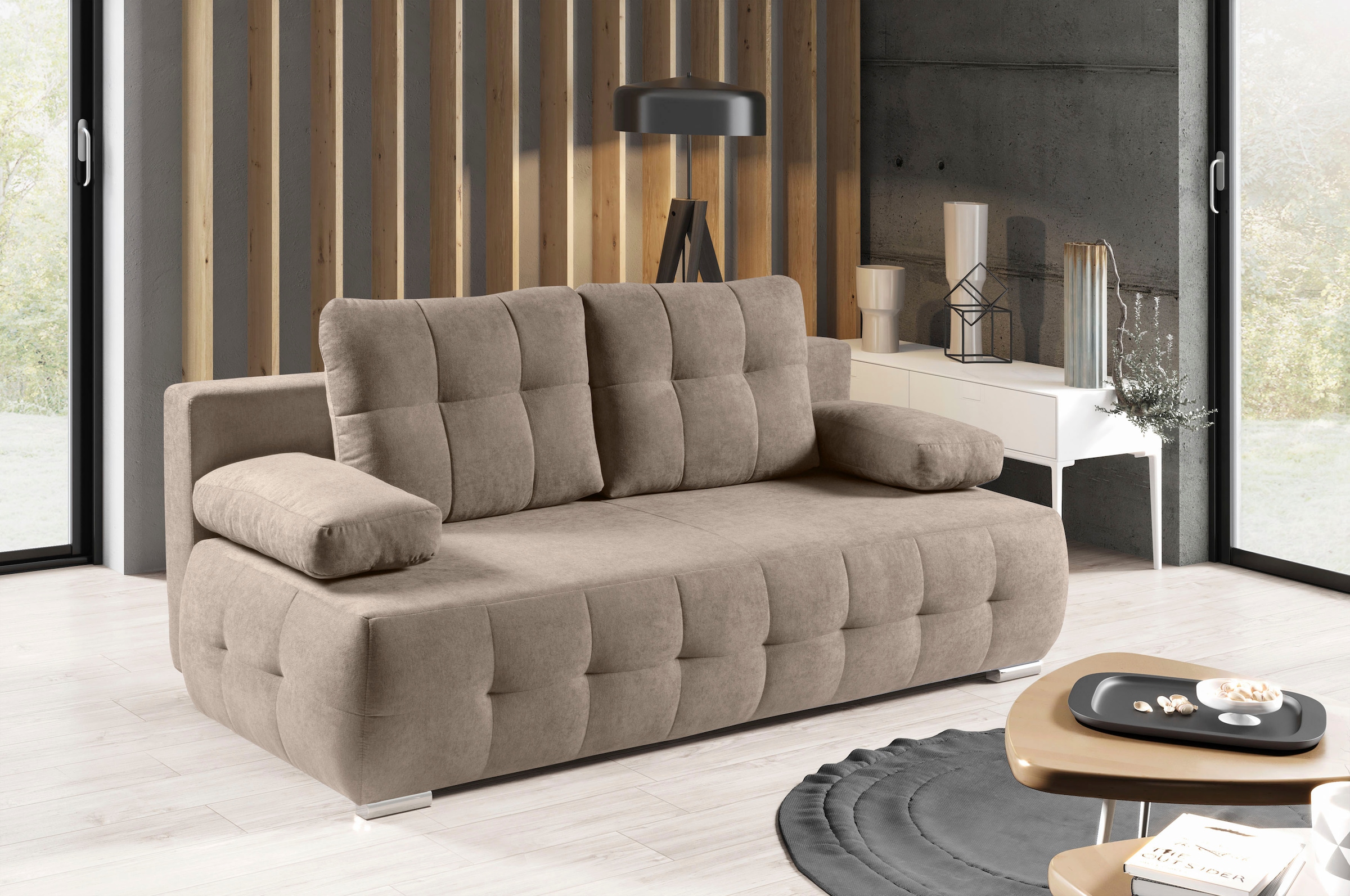 WERK2 Schlafsofa "Indigo 205 cm Bettsofa mit Bettkasten modern und bequem" Luxus-Microfaser weich, Schlaffunktion, Bettkasten