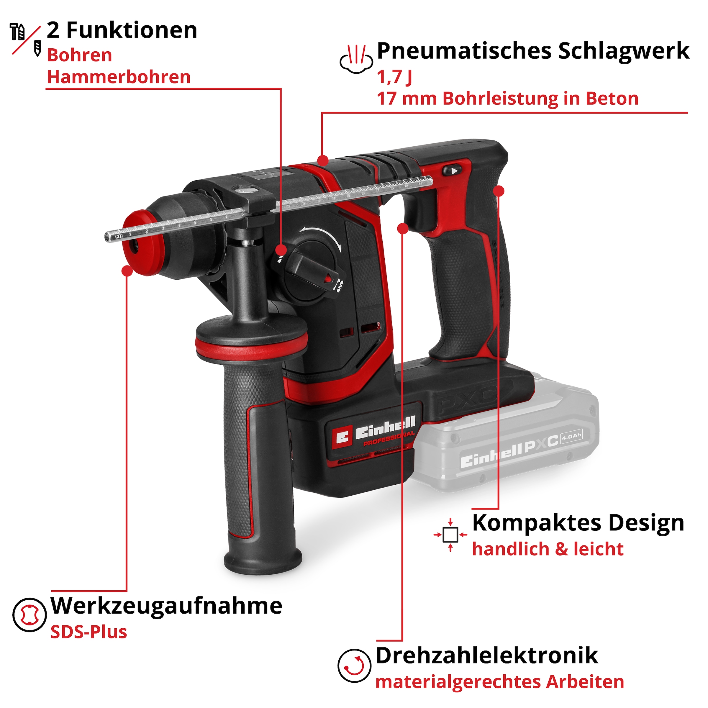Einhell Akku-Bohrhammer »TP-HD 18/17-C Li BL - Solo« PXC, 18 V, 1,7 J, Brushless, SDS-Plus, 17 mm Beton, ohne Akku