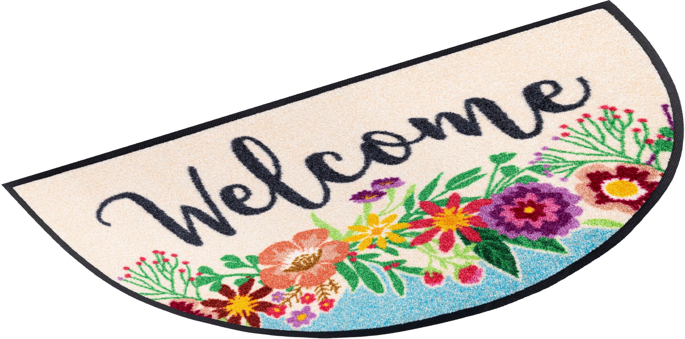 wash+dry by Kleen-Tex Fußmatte "Round Welcome Blooming", halbrund, 7 mm Höhe, Schmutzfangmatte, Motiv Blumen, mit Spruch