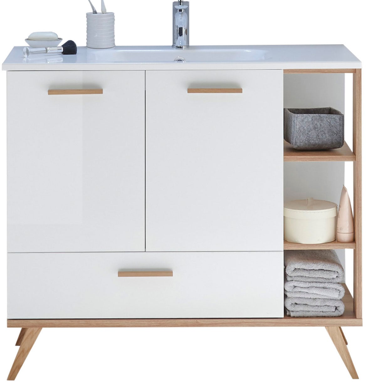 Saphir Badmöbel-Set »Quickset Mineralmarmor-Waschtisch mit LED-Spiegel, Unterschrank«, (7 St.), Hängeschrank, Midischrank, 5 Türen, 2 Schubladen, 7 Glas-Einlegeböden
