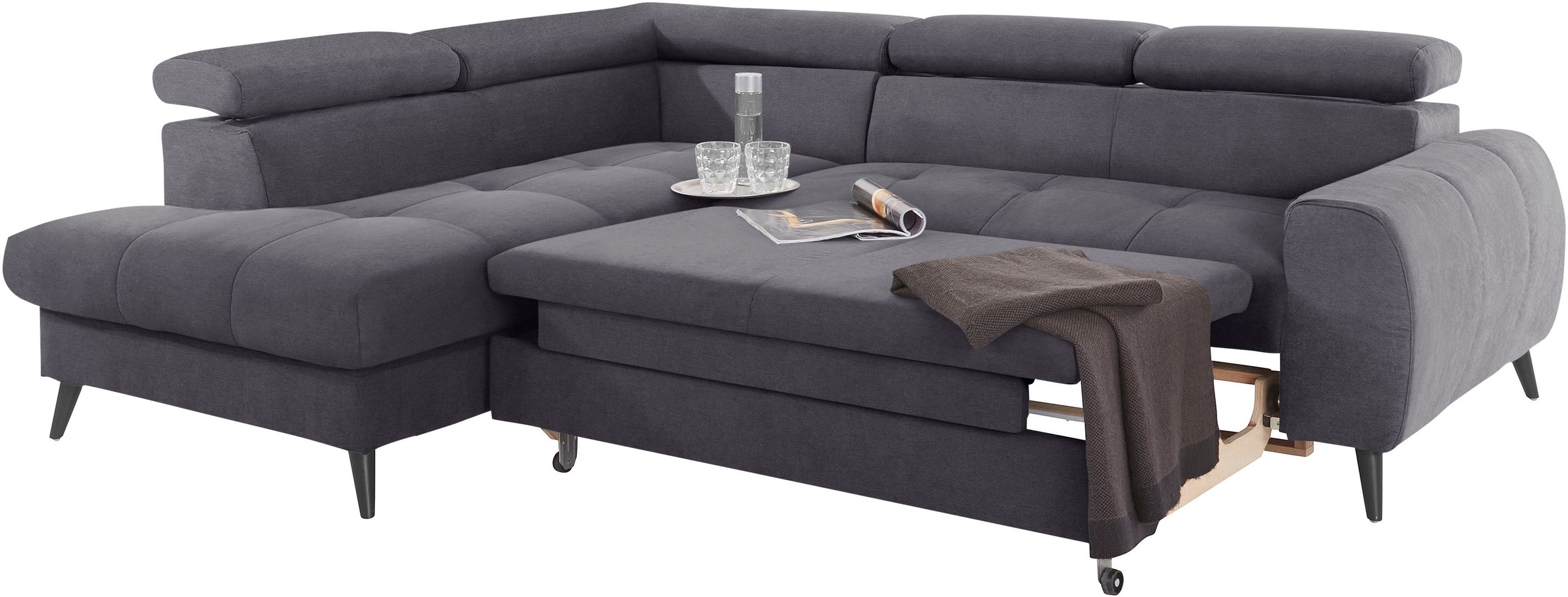 COTTA Ecksofa »Mia L-Form mit 3 Zierkissen«, wahlweise mit Bettfunktion, Bettkasten, Beleuchtung & Wireless-Charger
