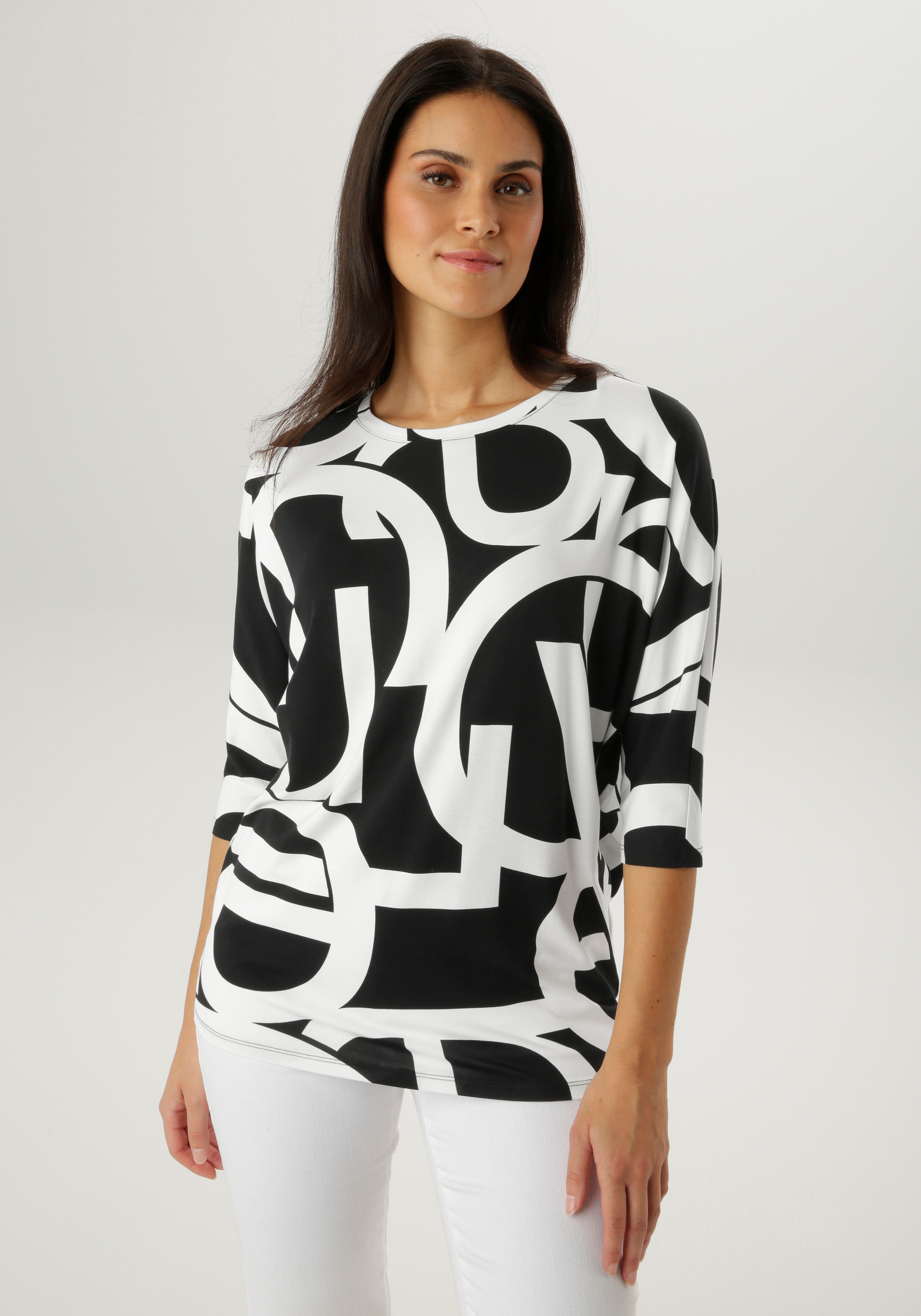 Aniston SELECTED 3/4-Arm-Shirt mit Grafikdruck und großflächigem Buchstabenmuster