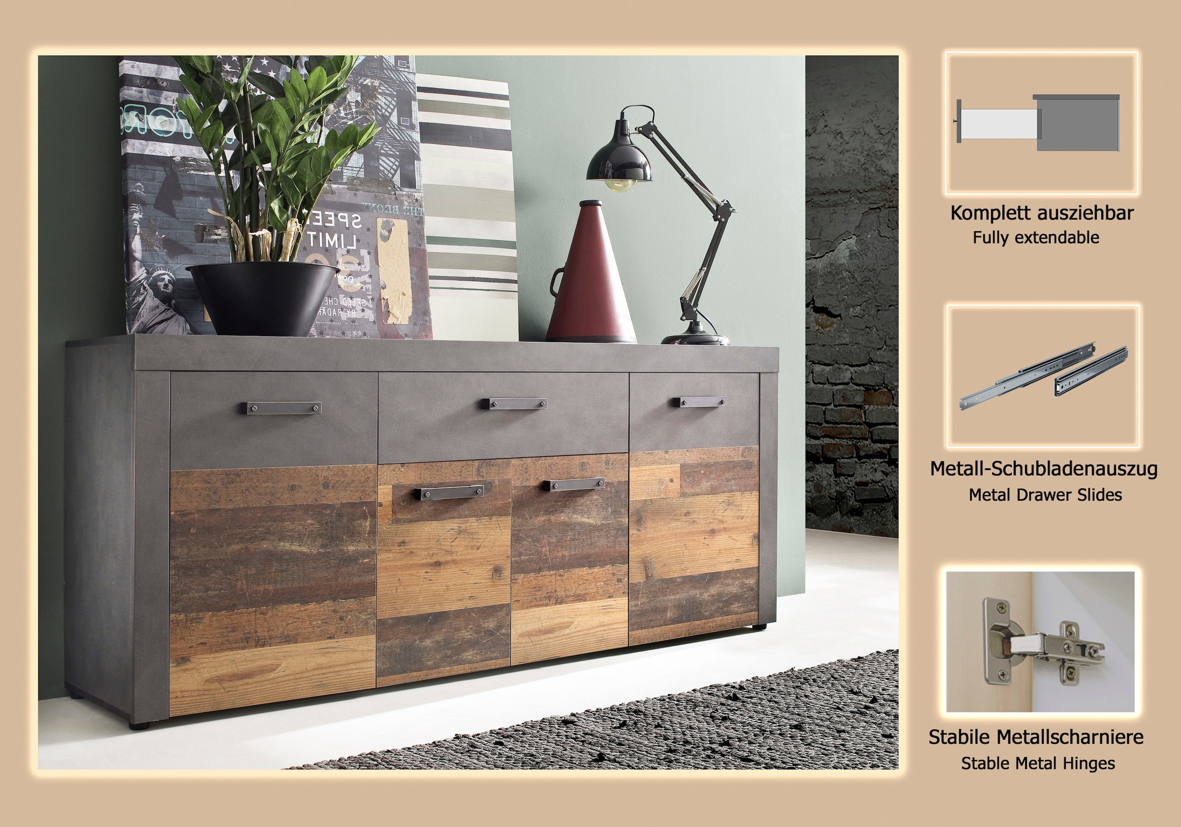 INOSIGN Sideboard »Ilana«, Sideboard mit 4 Türen & 1 Schublade - (B/T/H) 178/40/76 cm