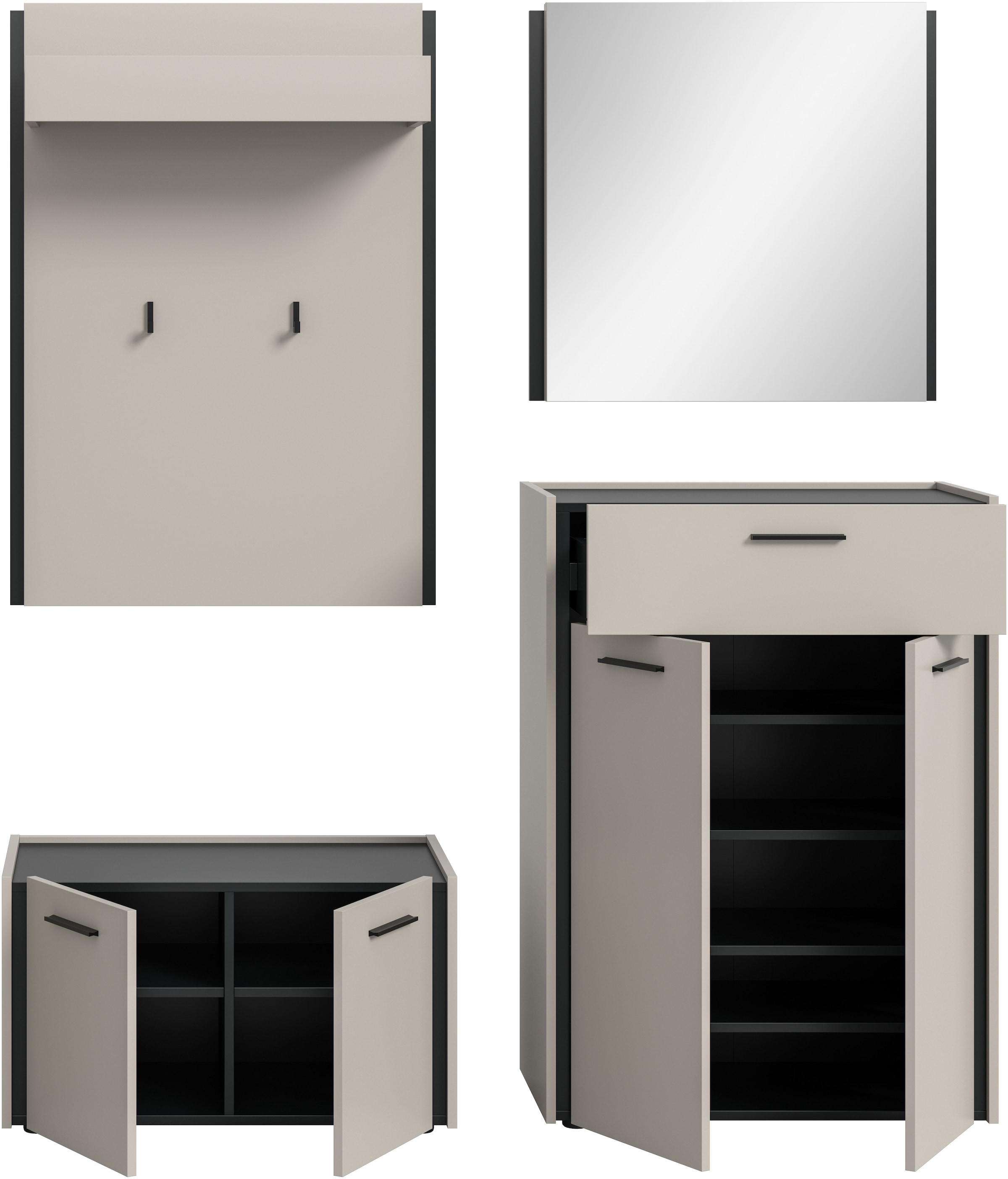 Home affaire Garderoben-Set »RAK, 4-teilige Garderoben-Kombination, Breite ca. 165 cm« Sitzbank, Garderobenpaneel, Schuhkommode, Spiegel, 4 Stk. tlg.