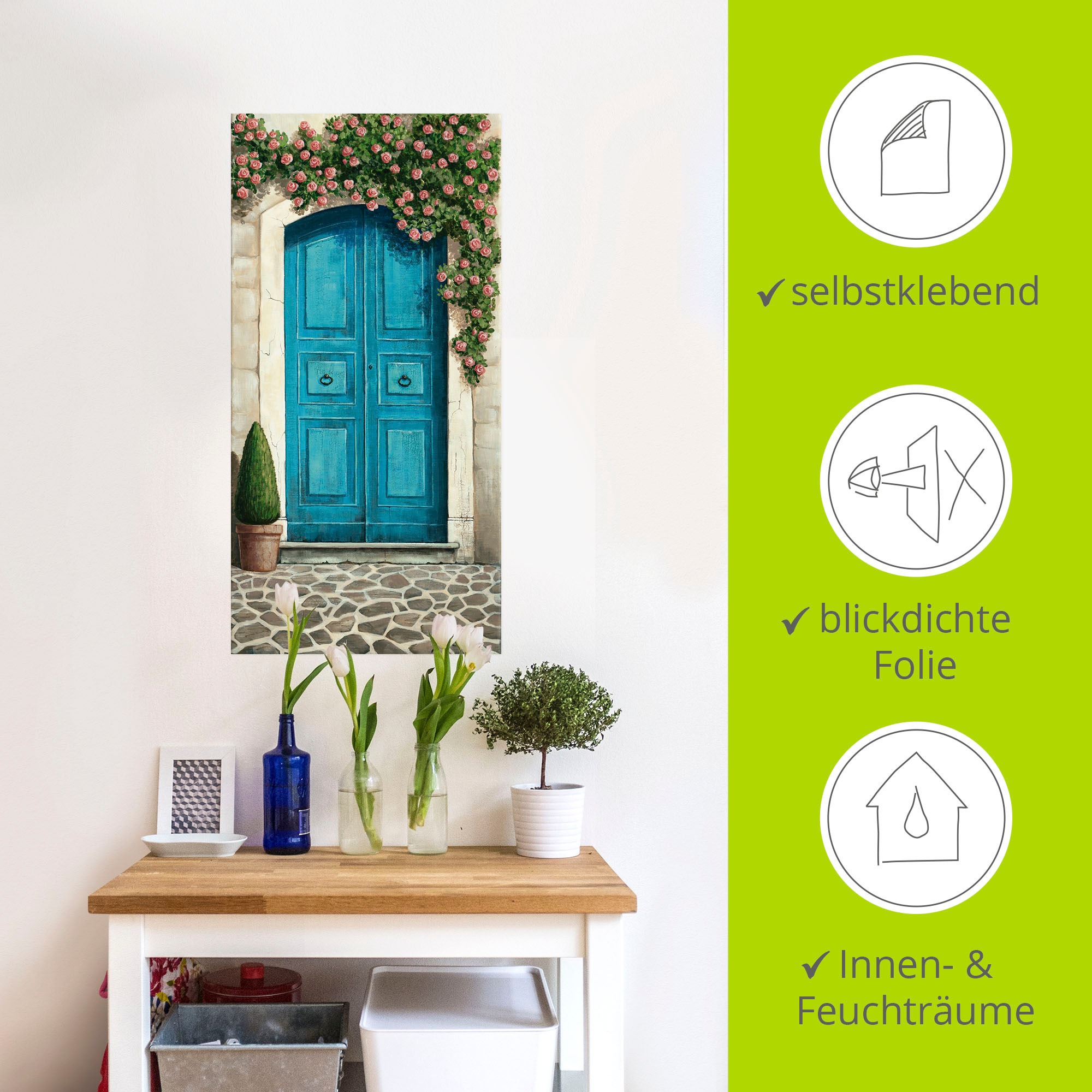 Artland Wandbild »Blaue Tür mit Kletterrosen«, Fenster & Türen, (1 St.), als Alubild, Outdoorbild, Leinwandbild, Poster, Wandaufkleber