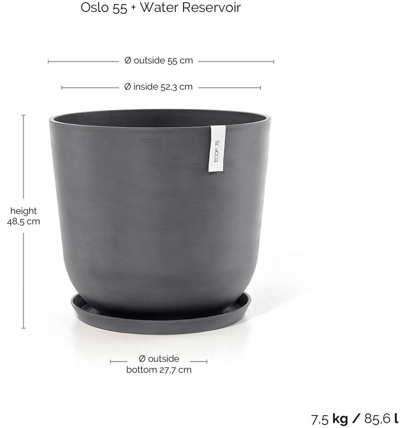 ECOPOTS Blumentopf »Oslo 55 + Wassersystem Grau«, für innen und außen: frostsicher, bruchsicher und lichtbeständig