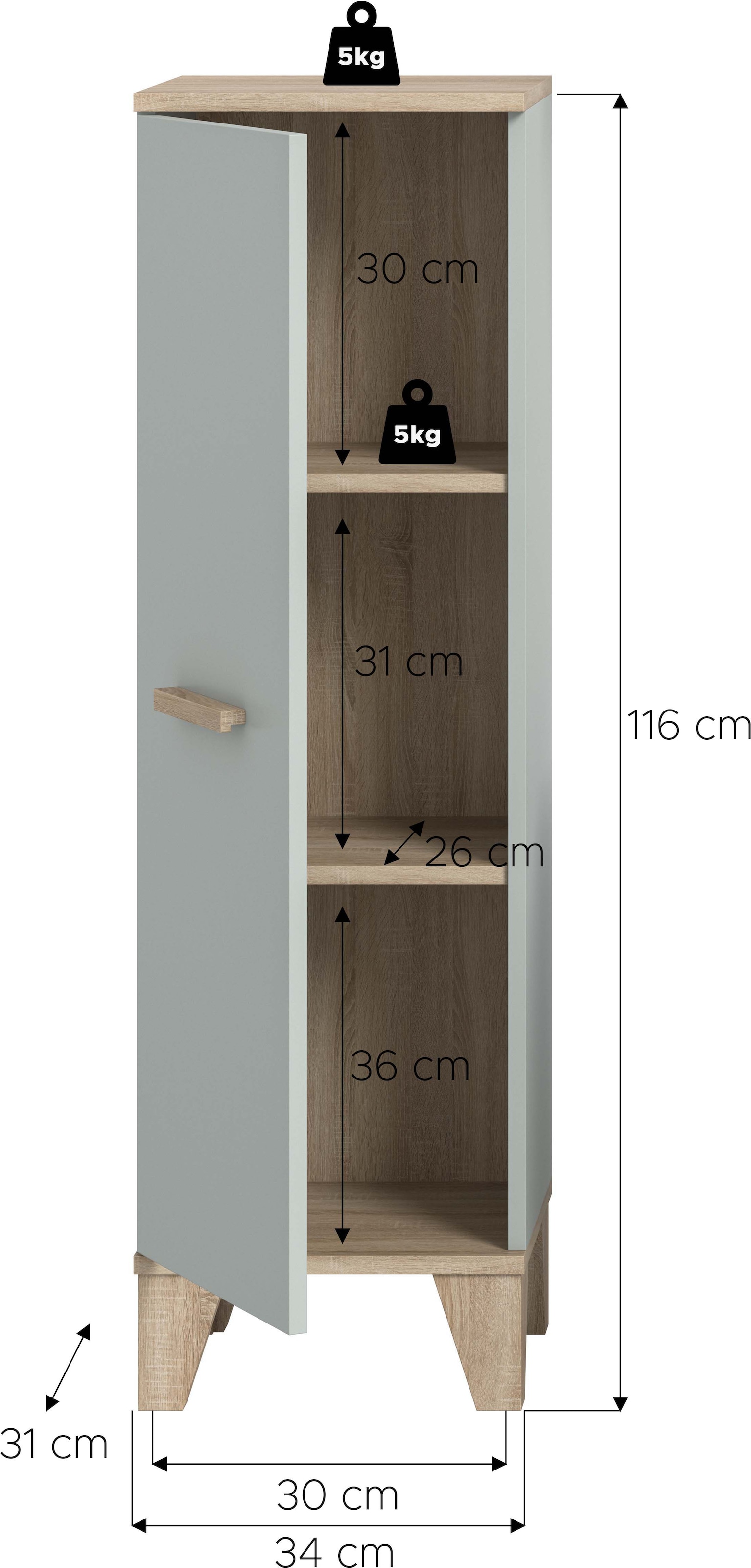 welltime Midischrank »MINTTU, Höhe 116 cm, 1 Tür, 2 Einlegeböden, 3 Fächer« Türanschlag rechts und links montierbar,  Badmöbel, Badschrank, Schrank, Kommode, Bad, Unterschrank