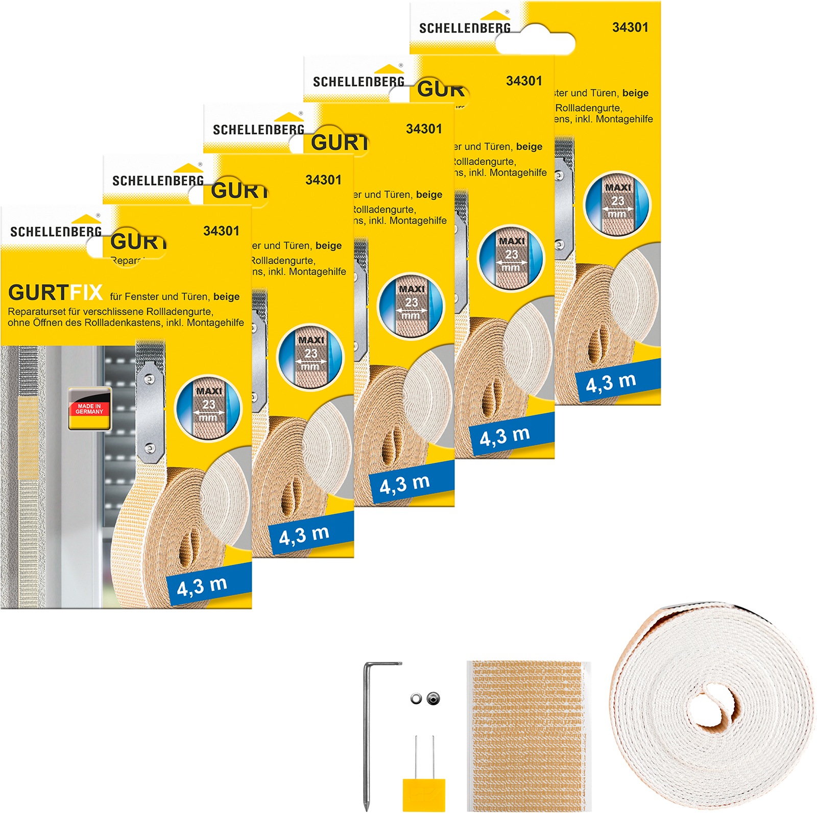 SCHELLENBERG Reparatur-Set "Rollladen Gurtfix für das Rollladensystem Maxi" Set, 5 Stk. tlg. für alte Gurtbänder in unterschiedlichen Farben, 23 mm x 4,3 m