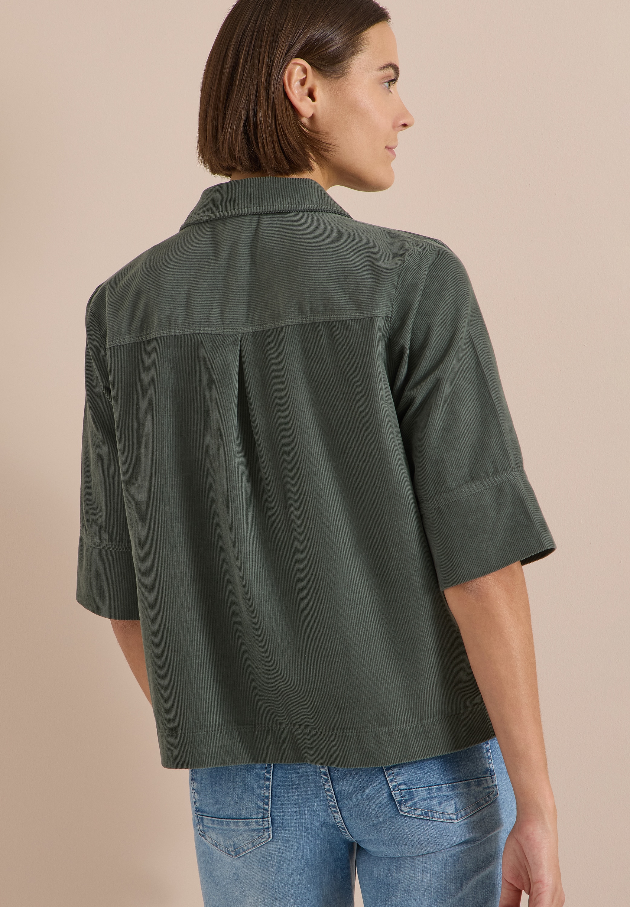 Cecil Kurzarmbluse Sommerbluse aus Cord mit Leo-Brusttasche