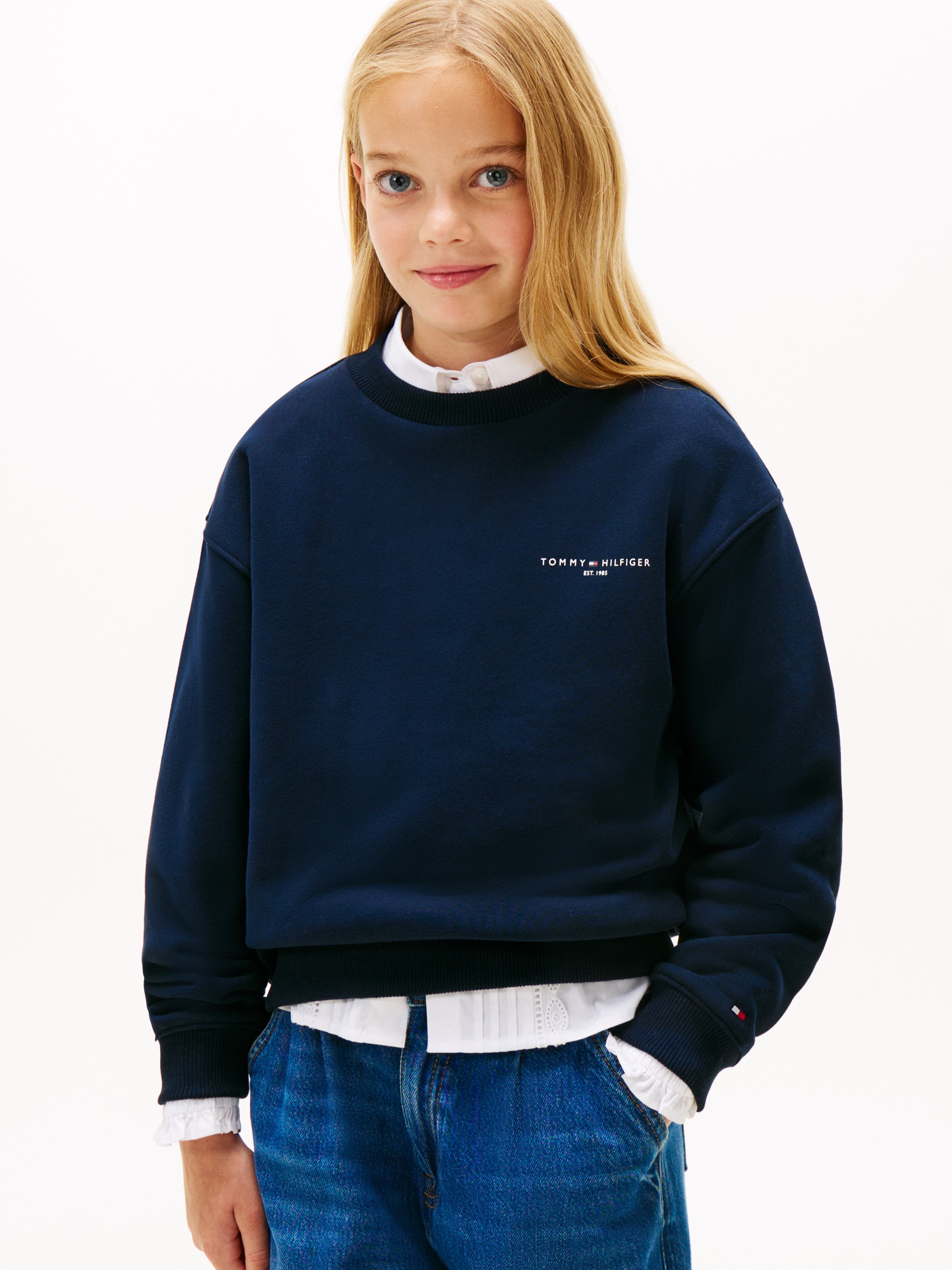 TOMMY HILFIGER Mädchen Sweatshirt "MINI CORP C-NECK"schwarz night navy, Gr. 12, unifarben, Sweatware, Obermaterial: 80% Baumwolle, 20% Polyester,
