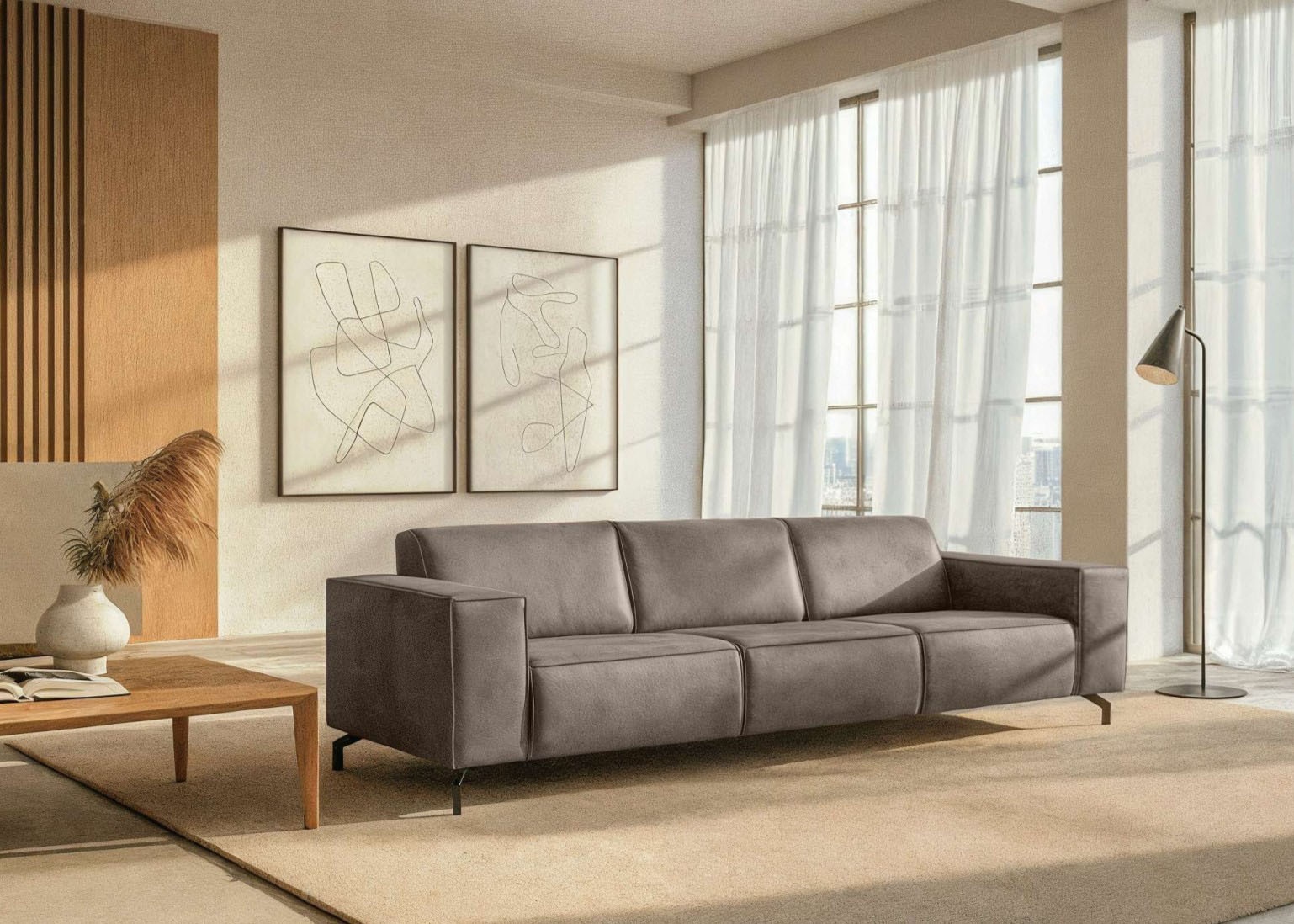 Home affaire 3-Sitzer "Lorcan 257 cm, weiches Sitzgefühl" mit schwarzen Metallfüßen, Lederoptik und in weichem Strukturstoff