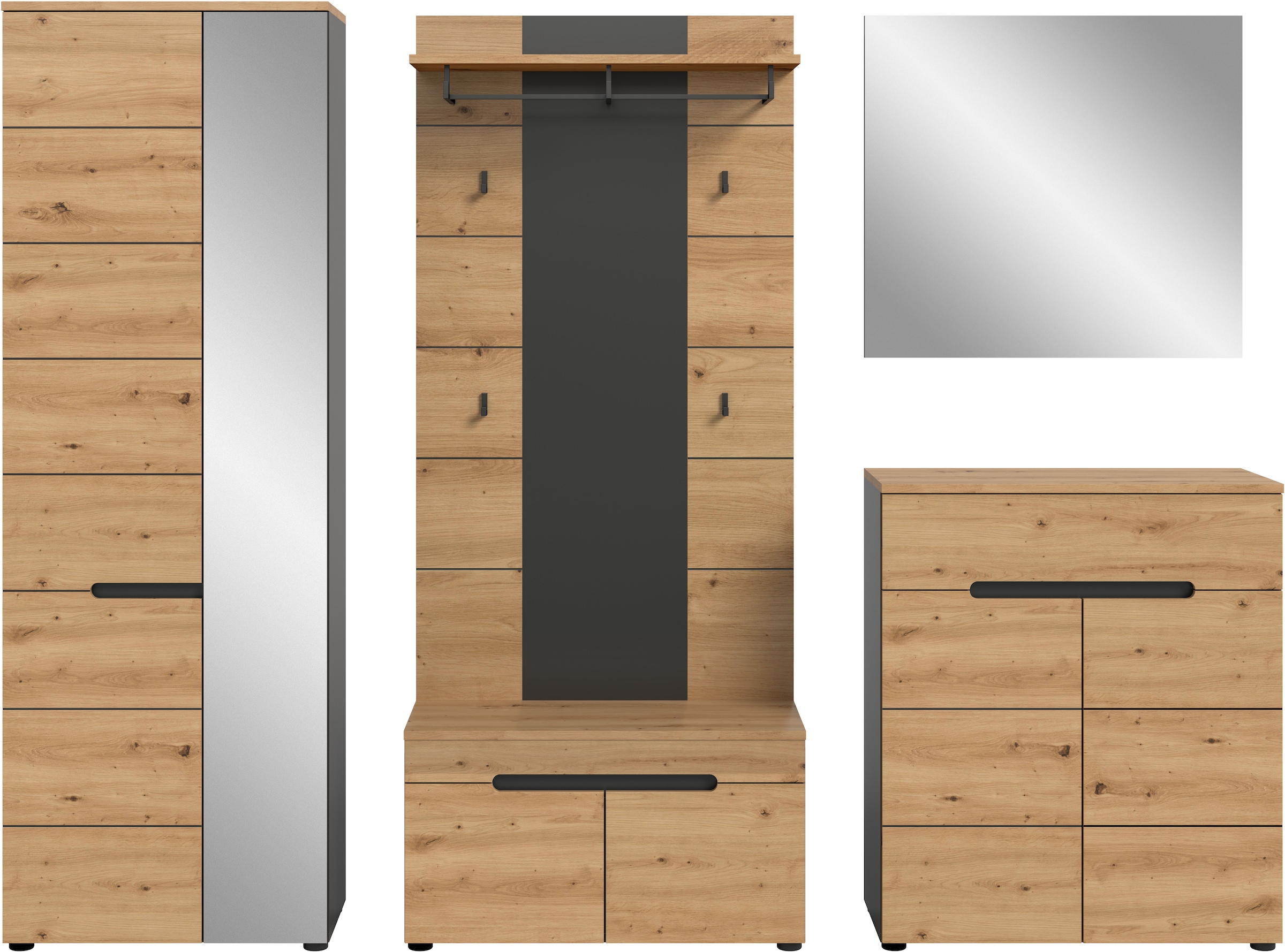 INOSIGN Garderoben-Set, (Set, 5 St., bestehend aus: Garderobenschrank, Sitzbank, Paneel, Spiegel, Kommode), Garderobenkombination, Kombination, Set, Flurgarderobe, Diele