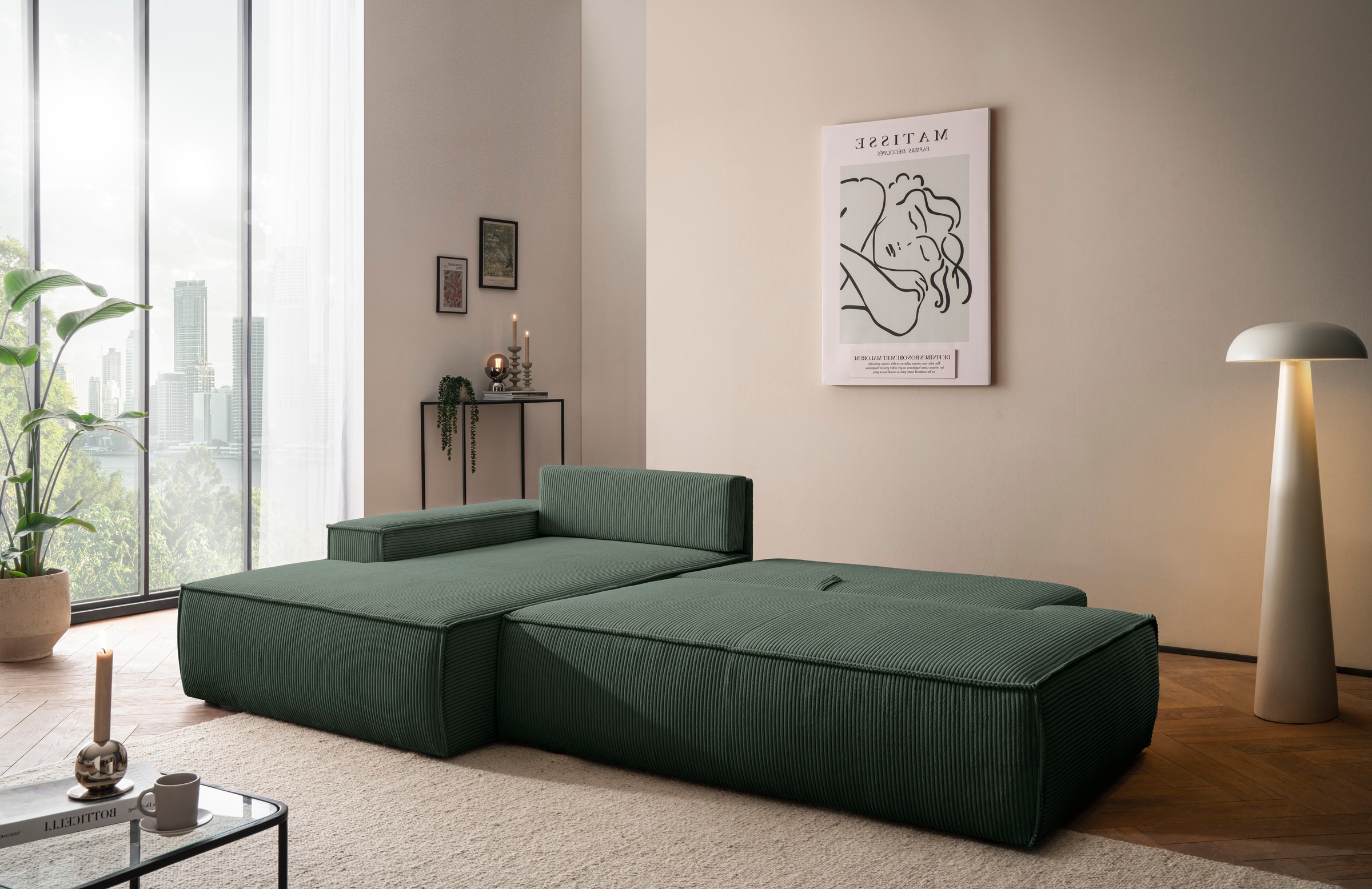 Home affaire Ecksofa »SHERWOOD, Schlafsofa in L-Form offen (275cm), Cord, Leinenoptik«, Schlaffunktion und Bettkasten, Kedernaht, hoher Sitz- & Liegekomfort