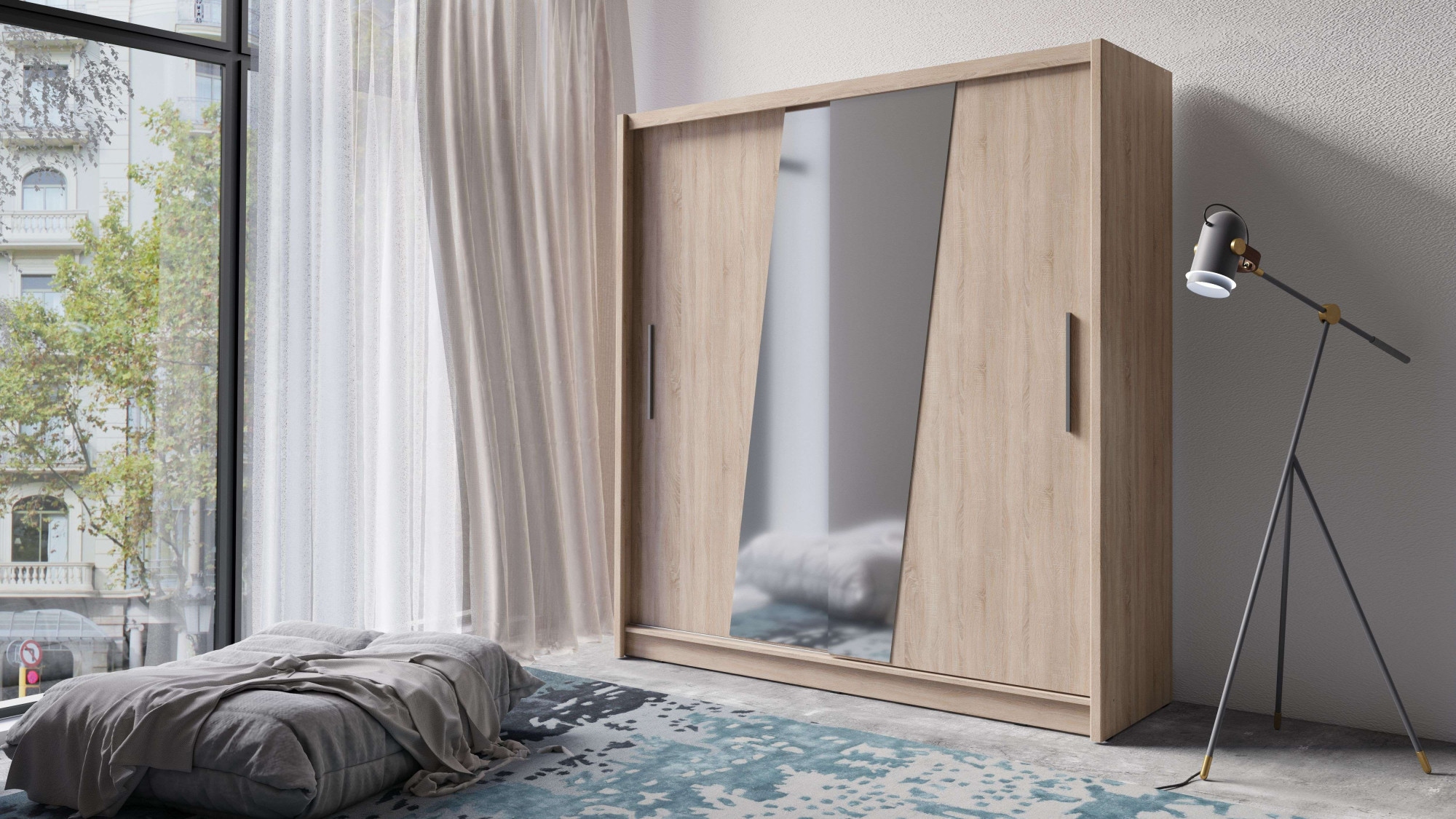 Home affaire Kleiderschrank »JULIETTA Schiebetürenschrank mit 10 Fächer, Kleiderstange und Spiegel« Garderobe mit 2 Schwebetüren und Spiegel, Maße B/T/H: 205/63/215 cm